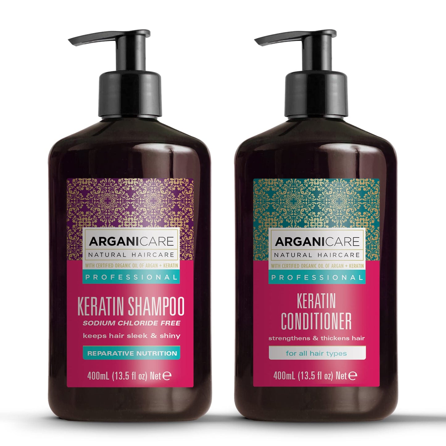 Arganicare Keratin Shampoo & Conditioner Set – Thickening, Strengthening, Organic Argan Oil & Shea Moisture | 27 oz