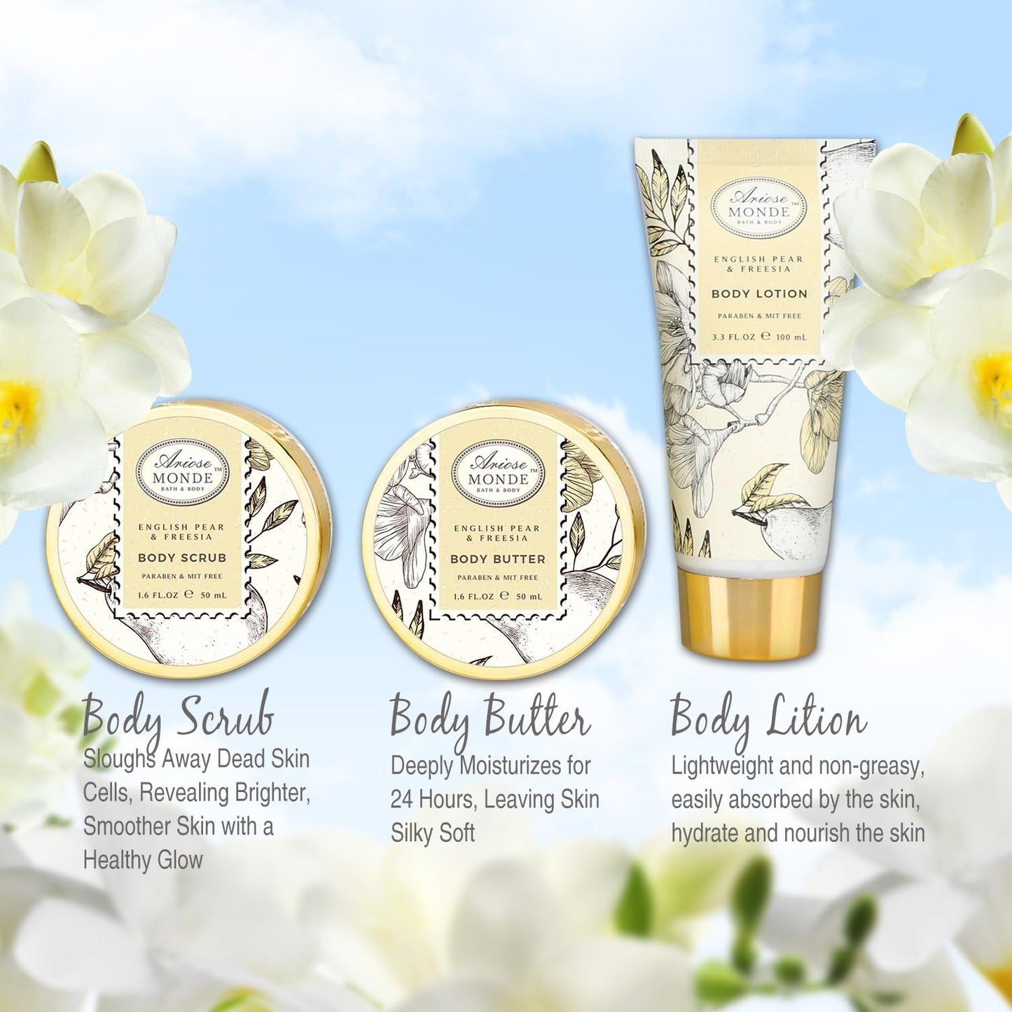 ArioseMonde Bath & Shower Spa Gift Basket – English Pear & Freesia, 9-Piece Set