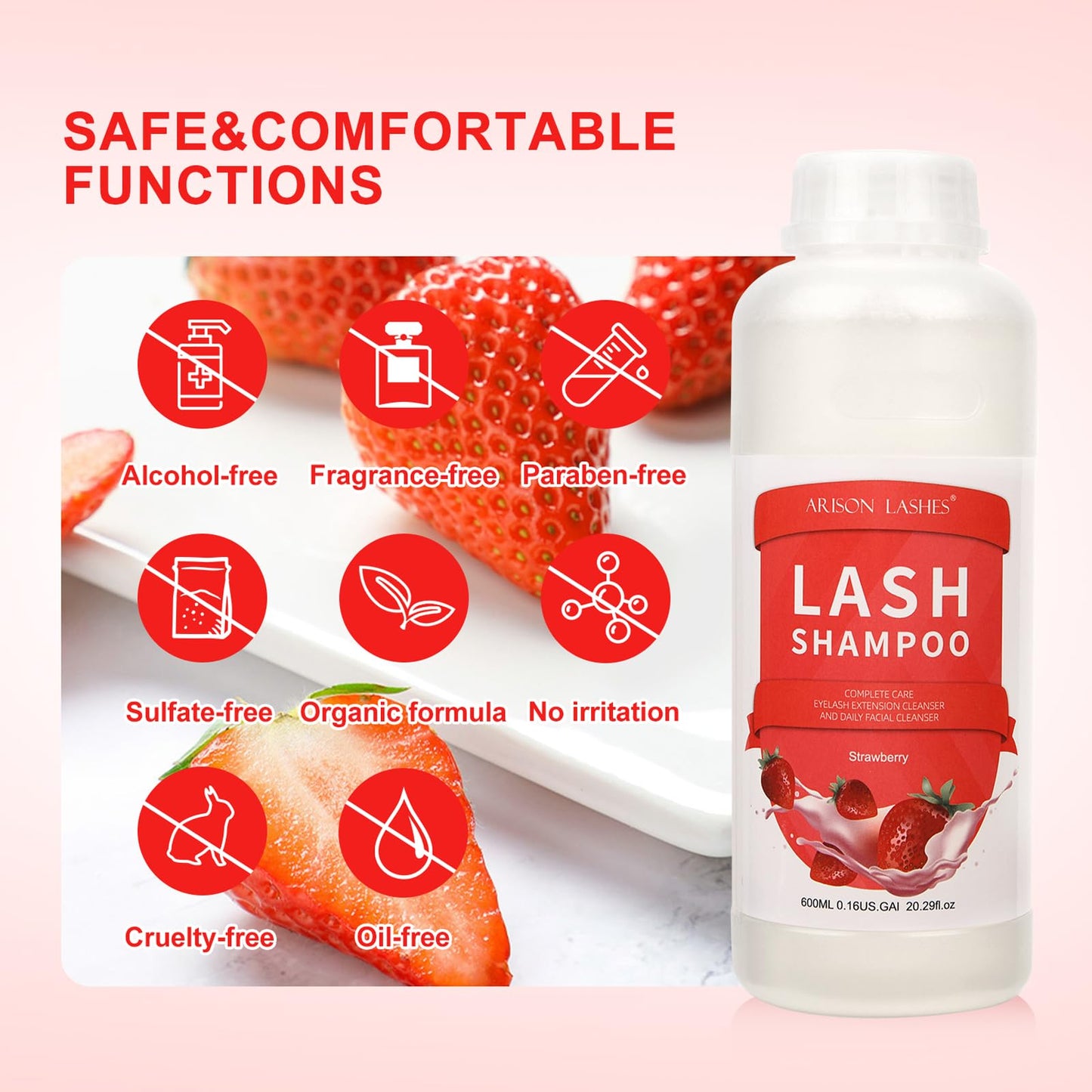 Arison Lashes Eyelash Extension Shampoo 600ml – Paraben & Sulfate Free, Oil-Free, Strawberry Scent | Safe for Extensions & Natural Lashes