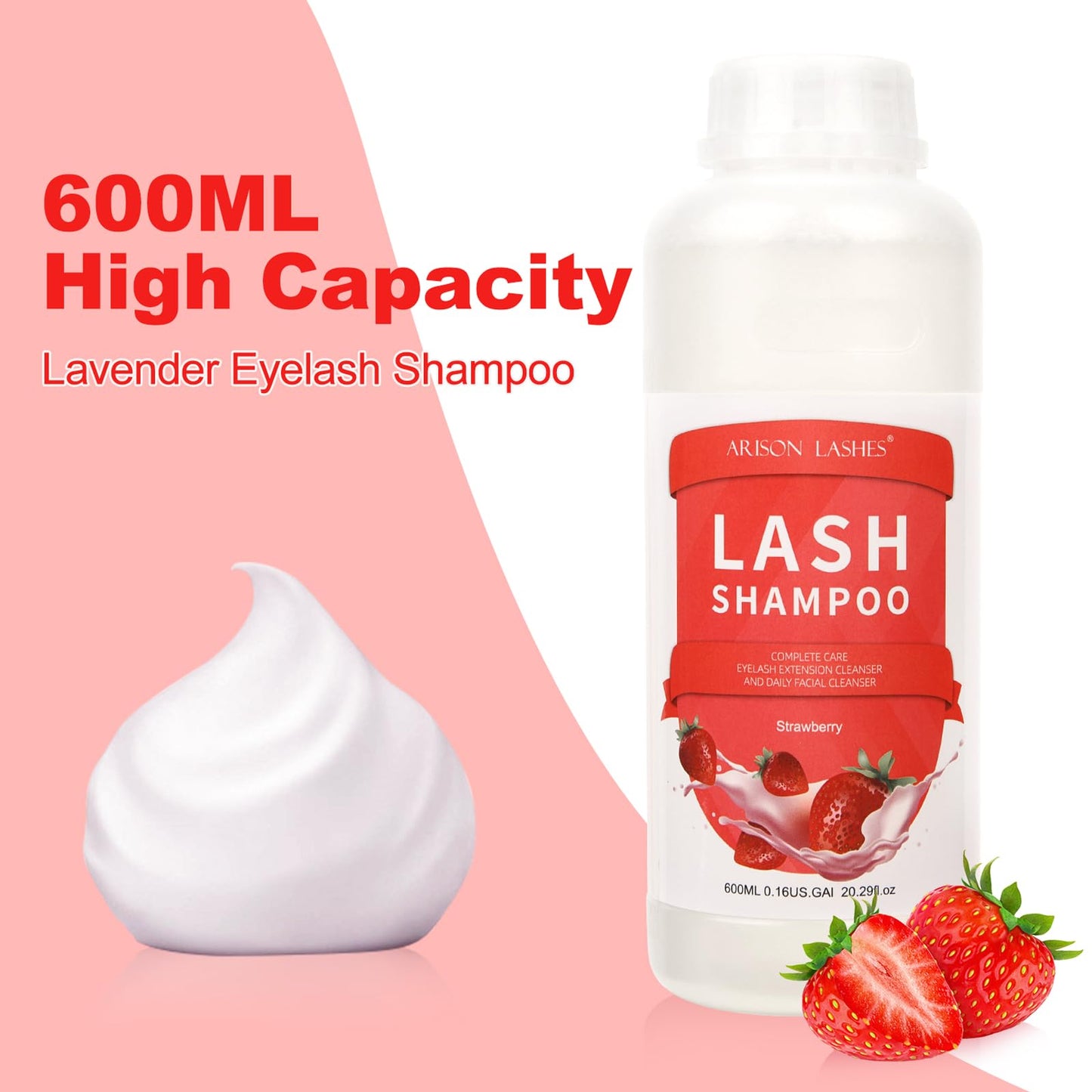 Arison Lashes Eyelash Extension Shampoo 600ml – Paraben & Sulfate Free, Oil-Free, Strawberry Scent | Safe for Extensions & Natural Lashes