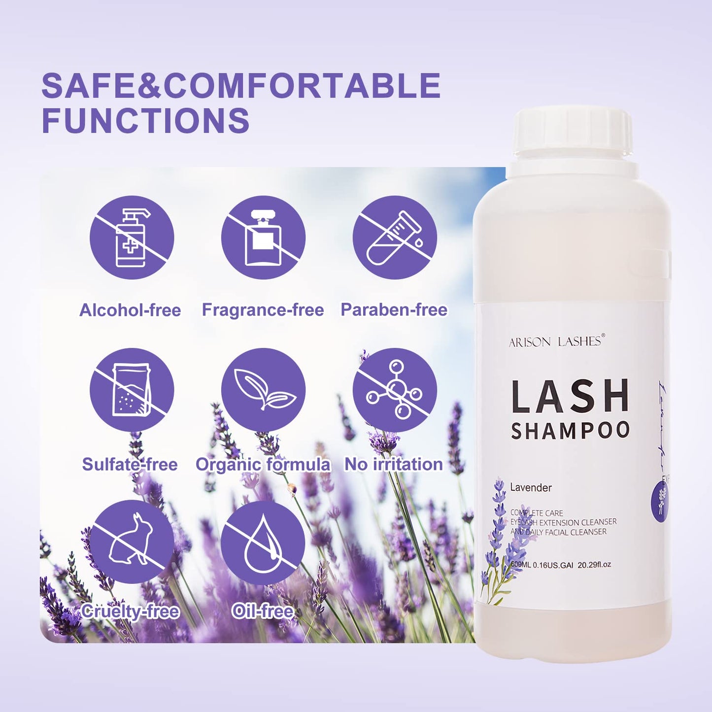 ARISON LASHES Eyelash Extension Shampoo 600ml – Lavender Foaming Cleanser for Extensions & Natural Lashes