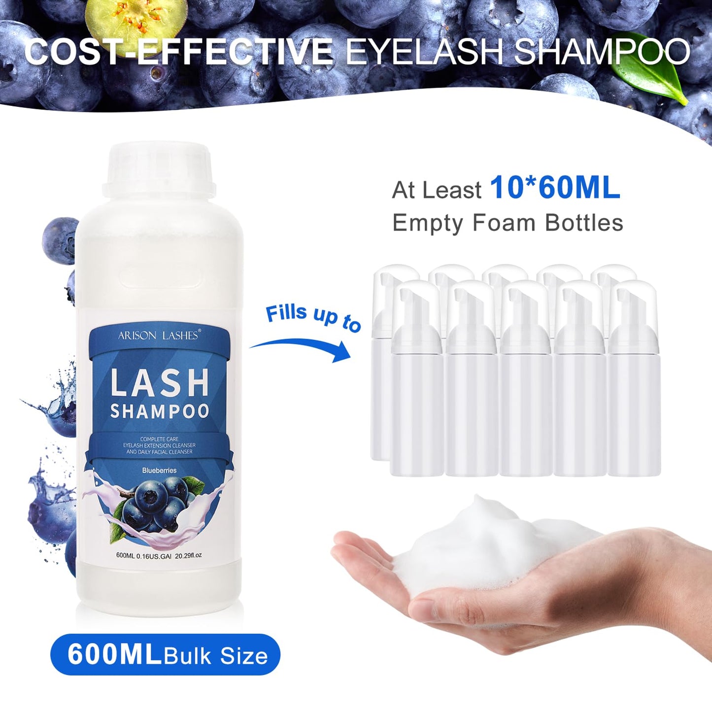 ARISON LASHES Eyelash Extension Shampoo 600ml – Paraben & Sulfate Free, Blueberry
