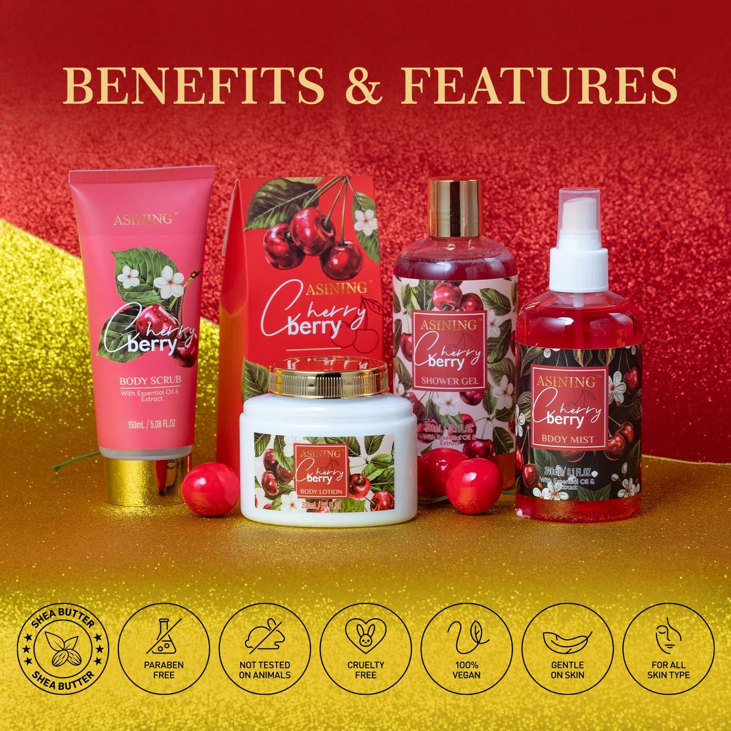 ASINING Bath & Body Basket Set Cherry Fragrance – Spa Gift Kit for Women