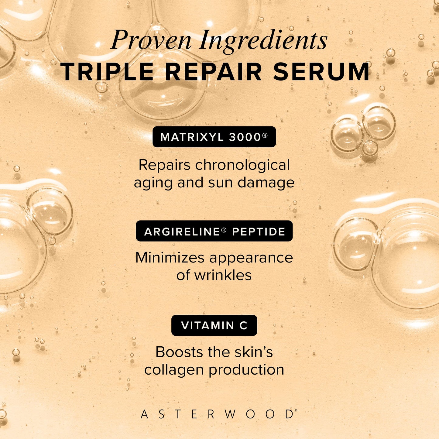Asterwood Triple Repair Serum | Matrixyl 3000 + Argireline + Vitamin C + Hyaluronic Acid (Fragrance-Free) – 4 Fl Oz