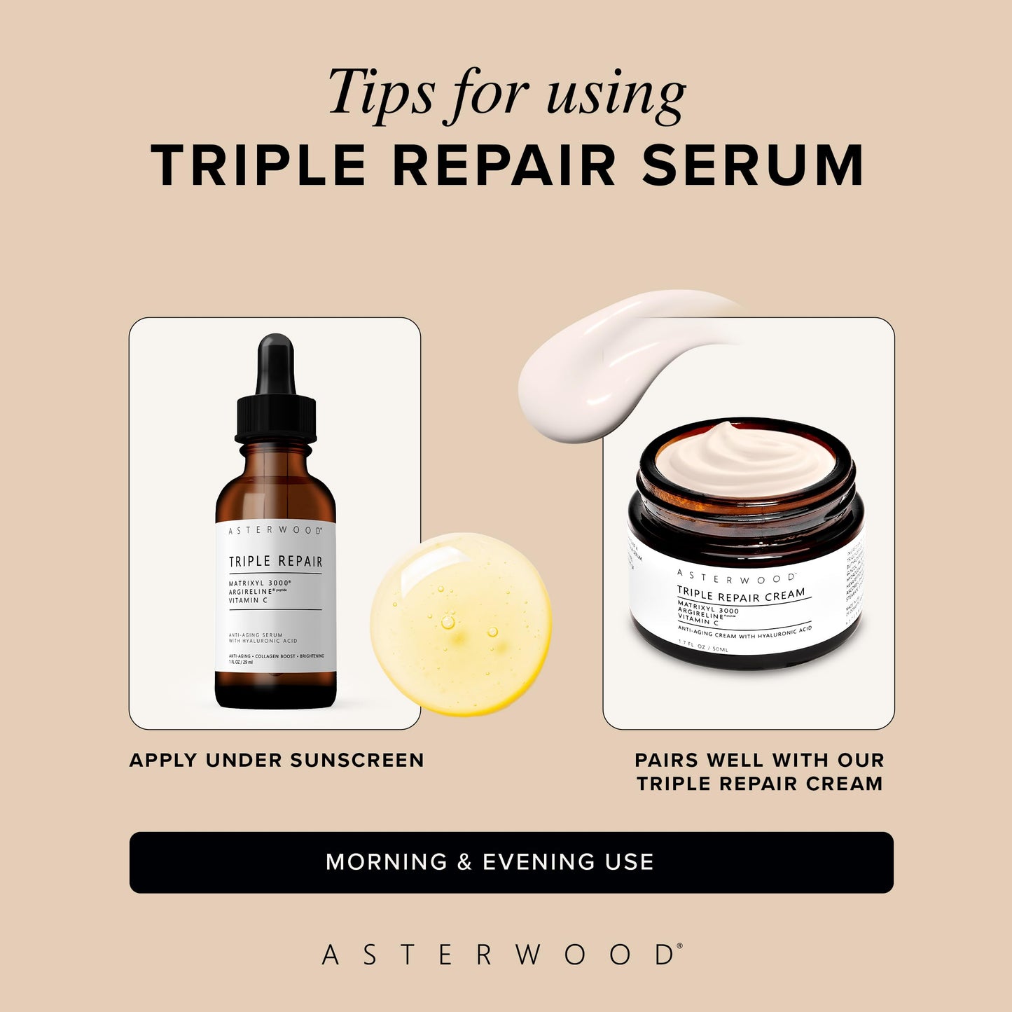 Asterwood Triple Repair Serum | Matrixyl 3000 + Argireline + Vitamin C + Hyaluronic Acid (Fragrance-Free) – 4 Fl Oz
