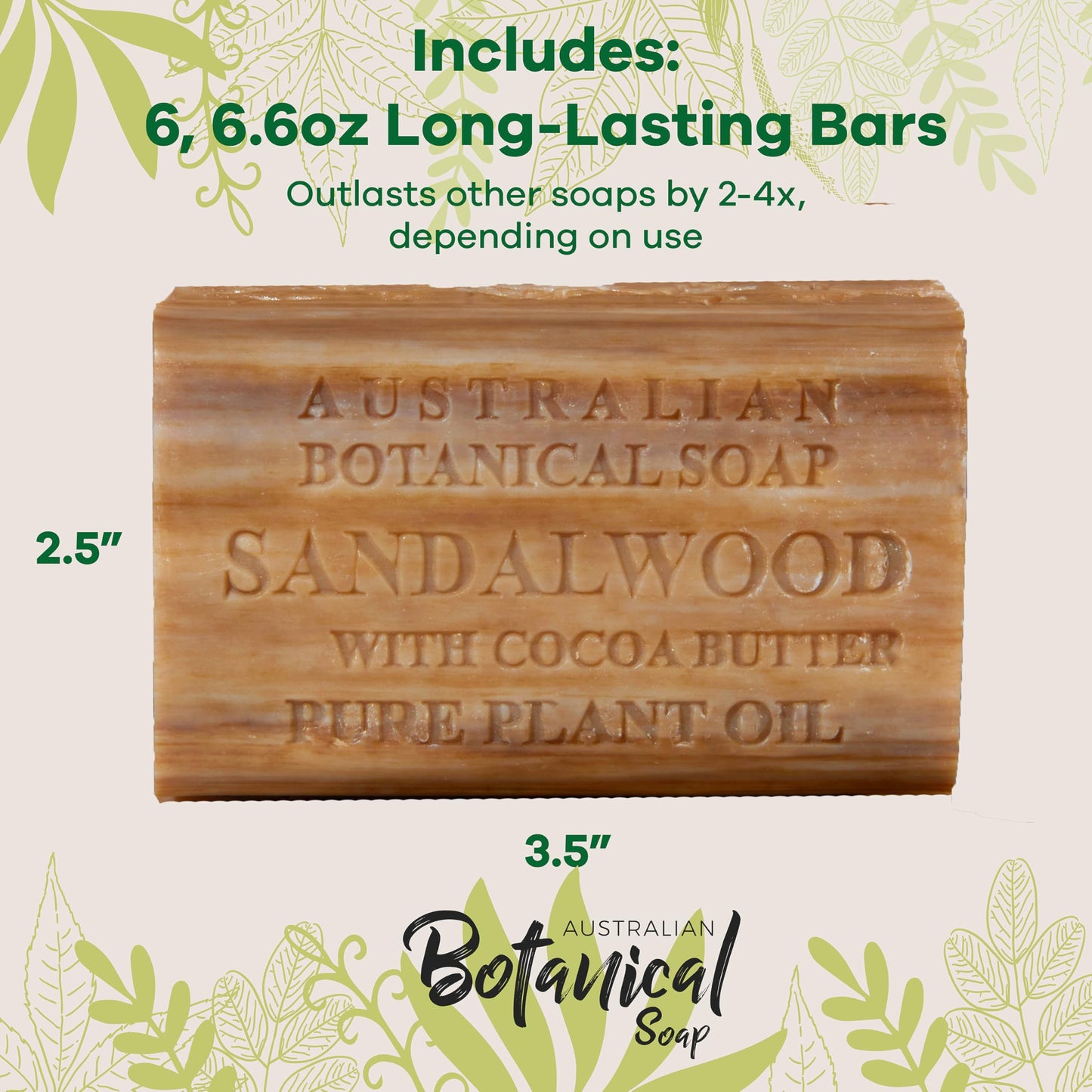 Australian Botanical Soap Sandalwood with Cocoa Butter — 6.6 oz Luxury Bars (Pack of 6)
