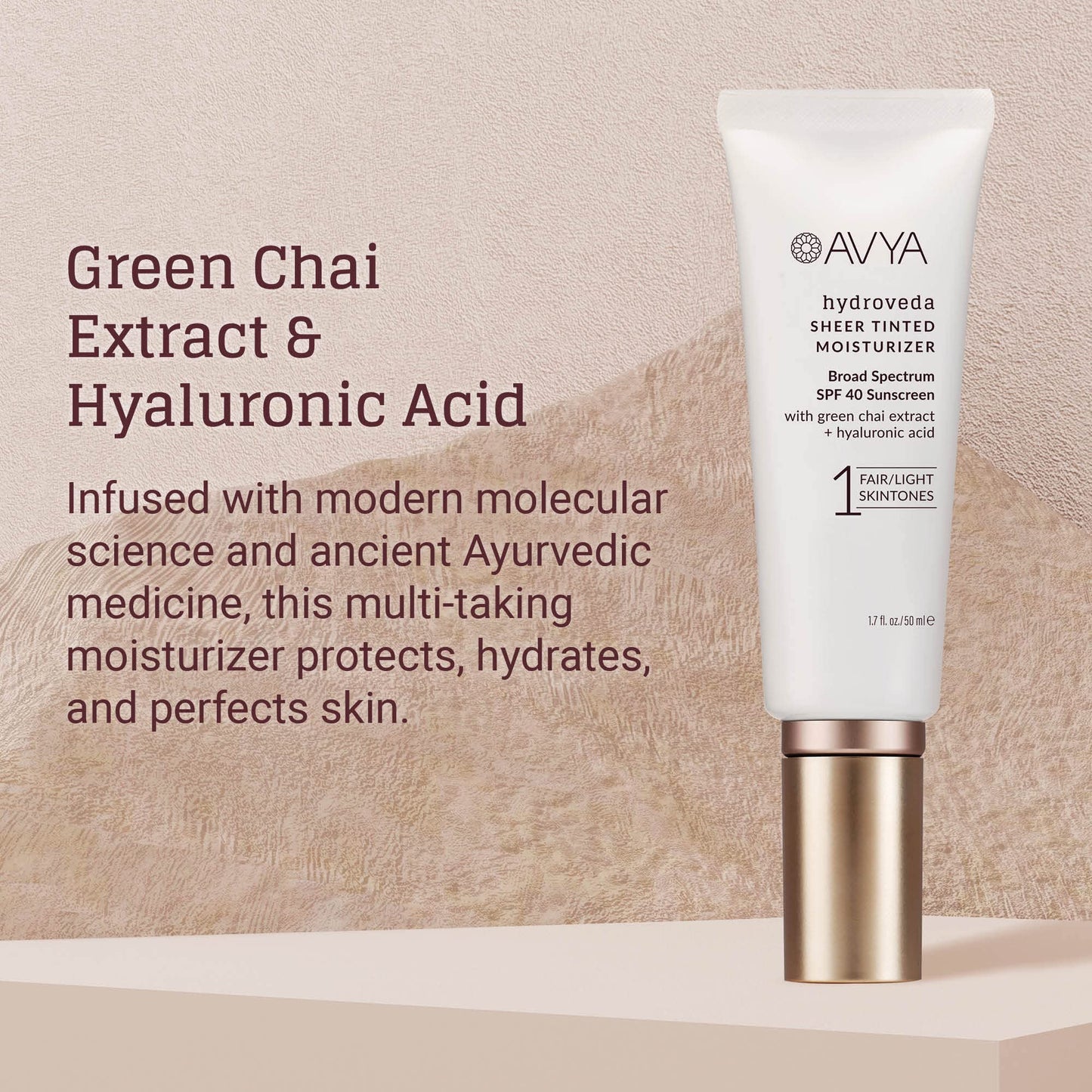 AVYA SPF 40 Sheer Tinted Moisturizer – Hyaluronic Acid & Green Chai, Shade #1 (Light & Fair)