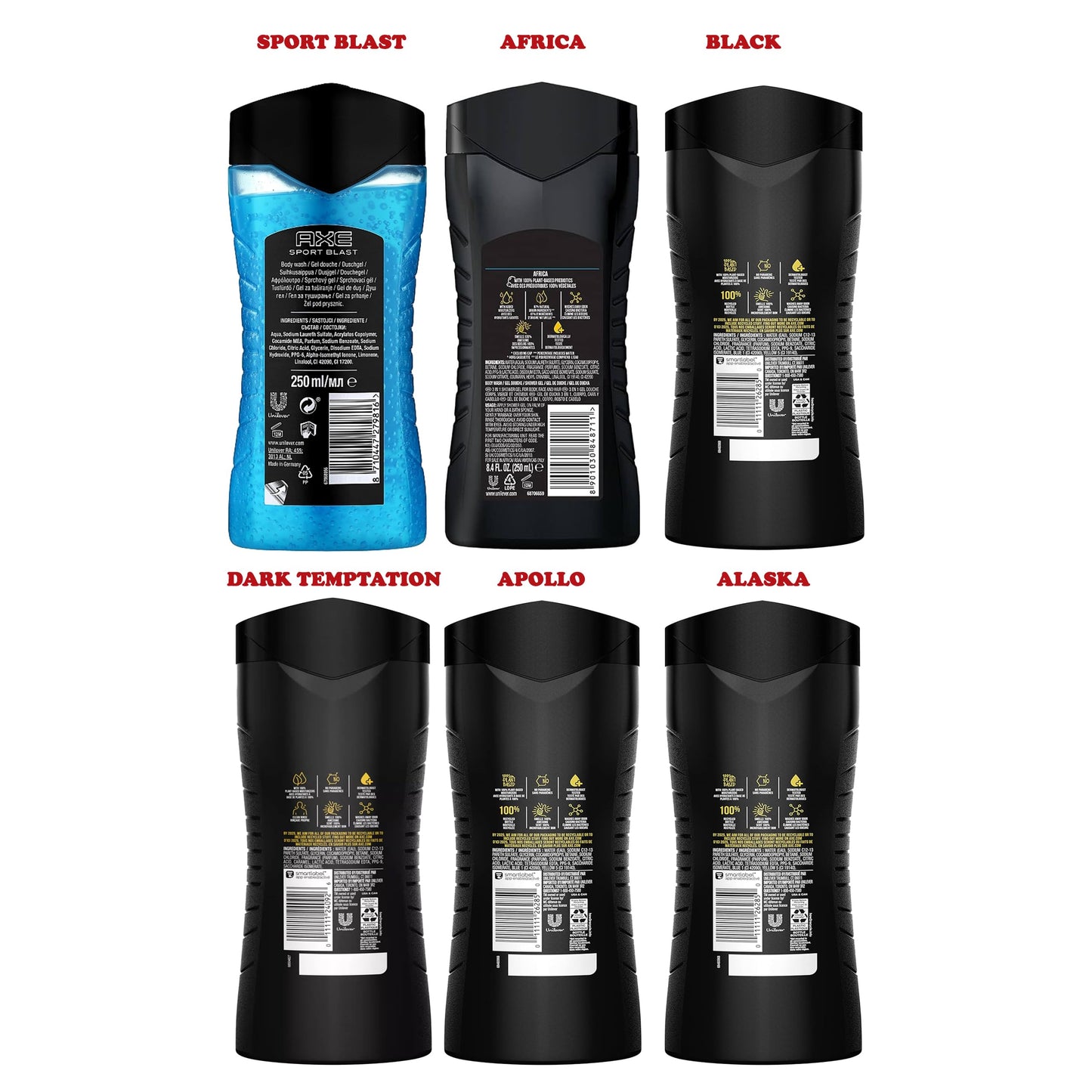 AXE Men's Body Wash Variety Set — 6 Pack, 8.5 oz Each, 3-in-1 Body, Face & Hair Wash