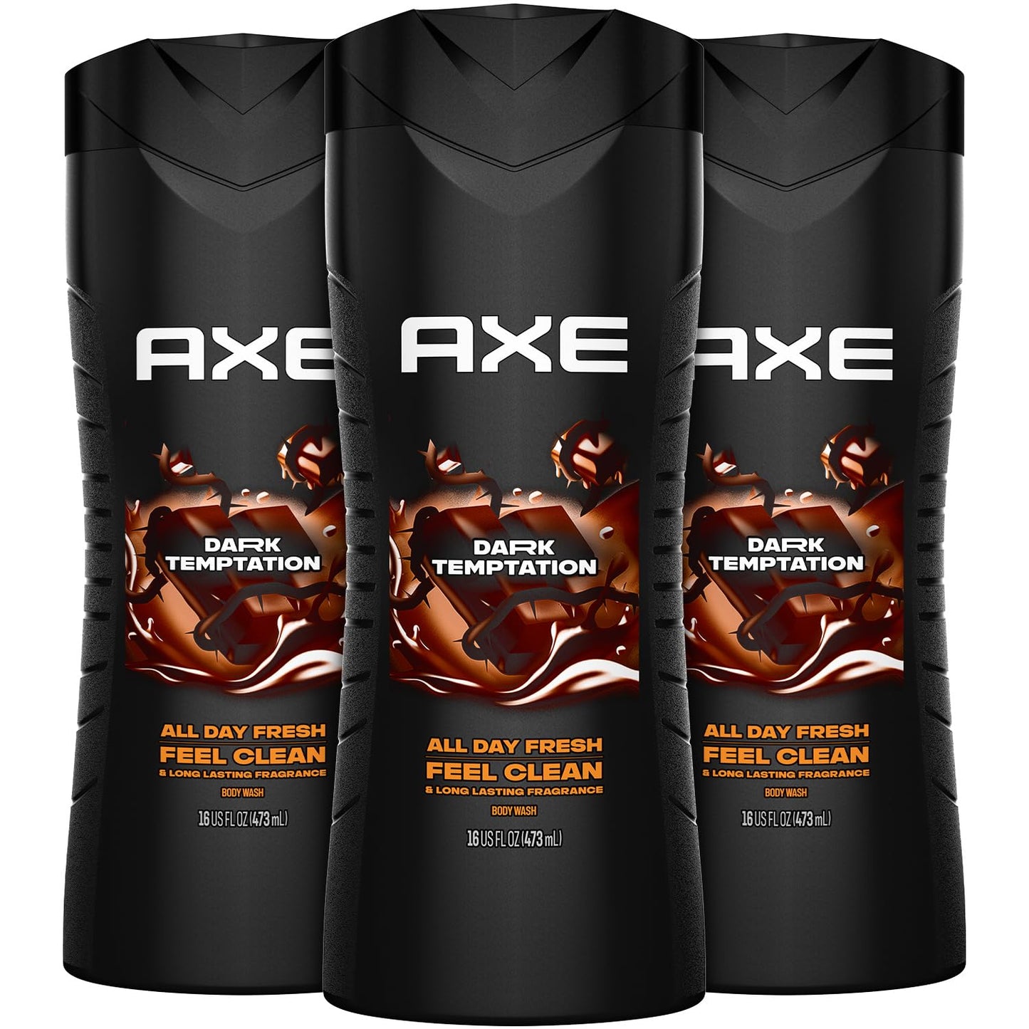 AXE Dark Temptation Body Wash 3-Pack – 12-Hour Fresh Chocolate Scent, 16 oz Each