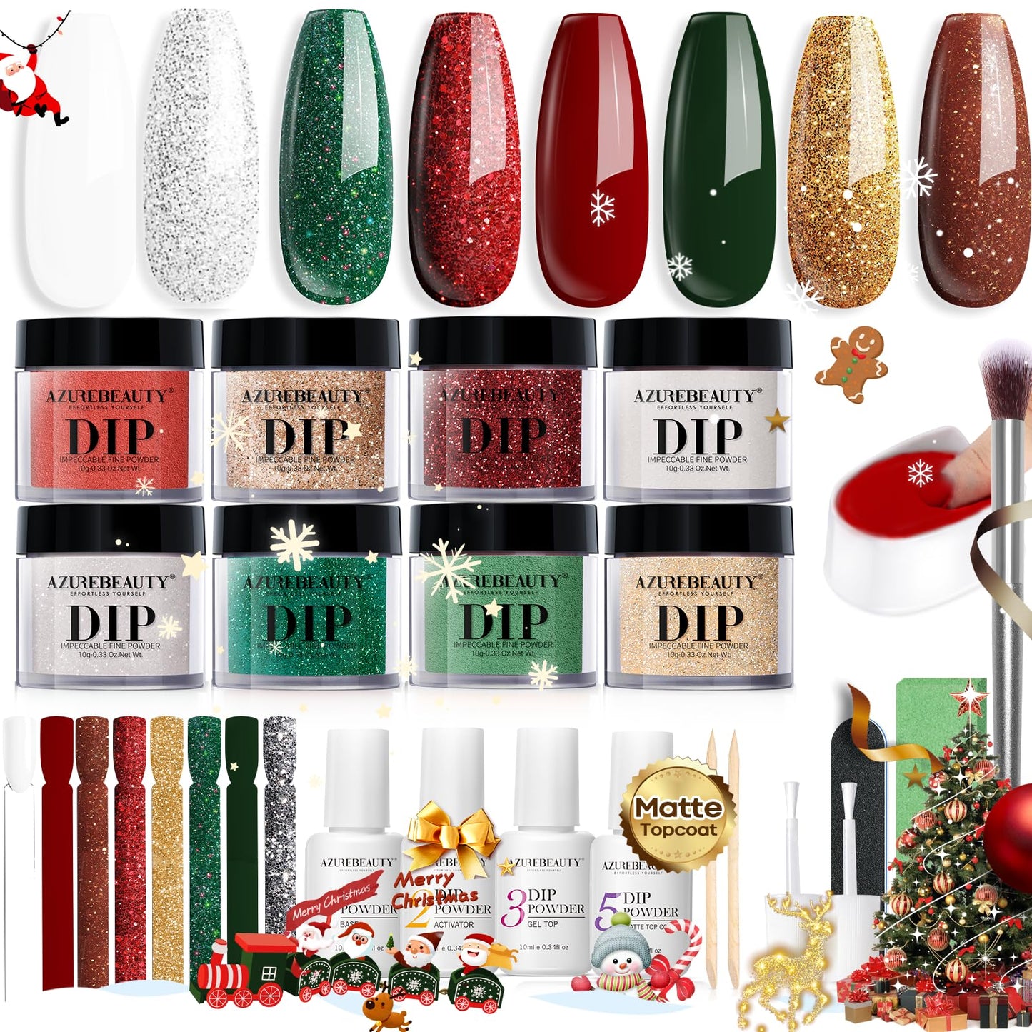 AZUREBEAUTY 30Pcs Dip Powder Nail Kit Starter — 8 Colors (Green, Red, Gold, Silver, White), Matte Top Coat, No Lamp Needed