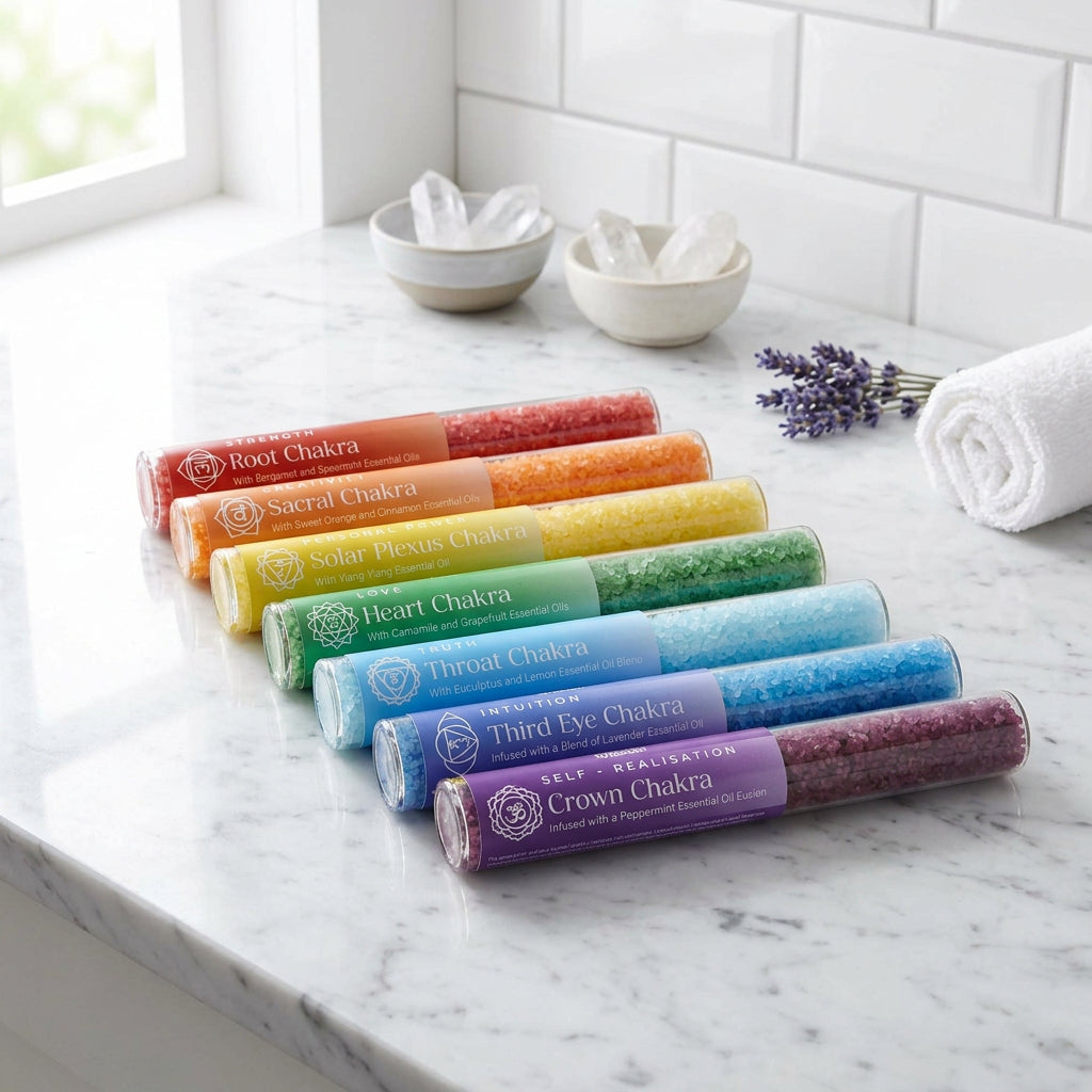 Colorful sand or powder with tubes labeled 'Root Chakra' to 'Crown Chakra' on a white background.