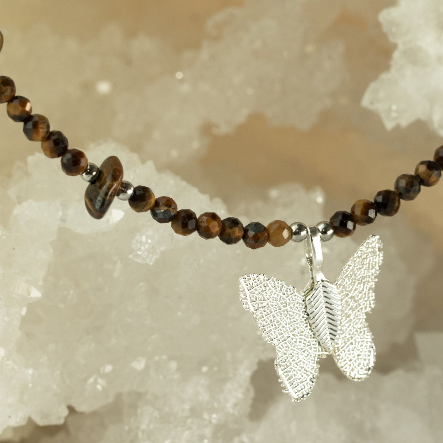 Nymph Tiger's Eye Gemstone Necklace with Real Leaf Butterfly Pendant