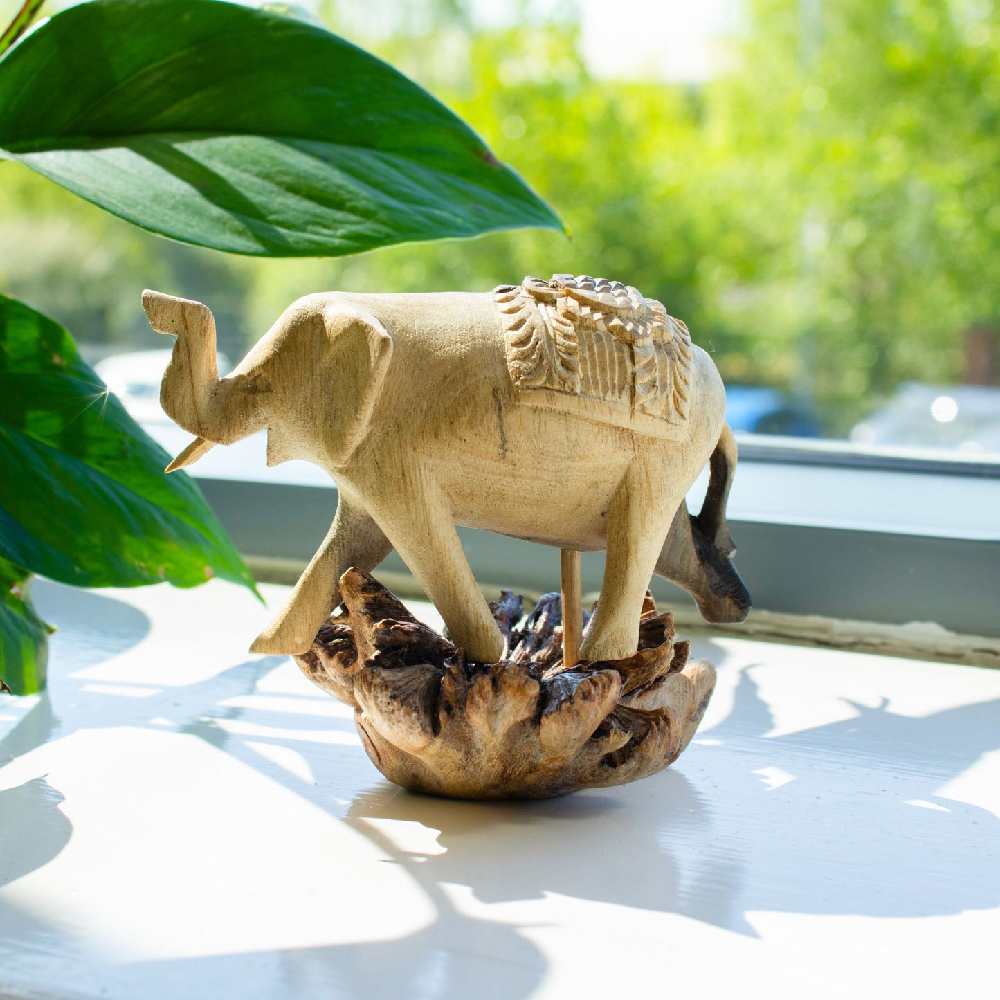 Handmade Parasite Wood Art Carving - Elephant Walking