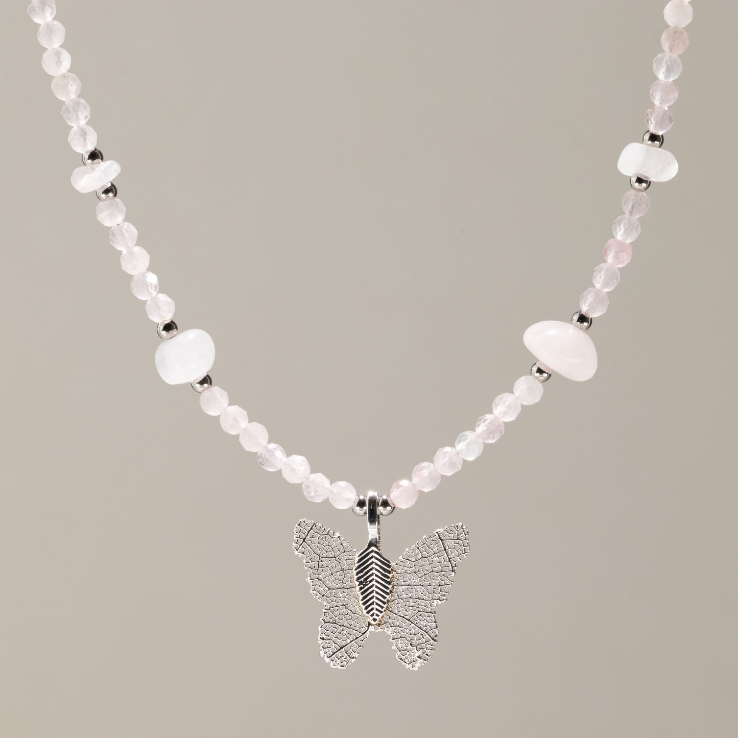 Nymph Rose Quartz Gemstone Necklace with Real Leaf Butterfly Pendant
