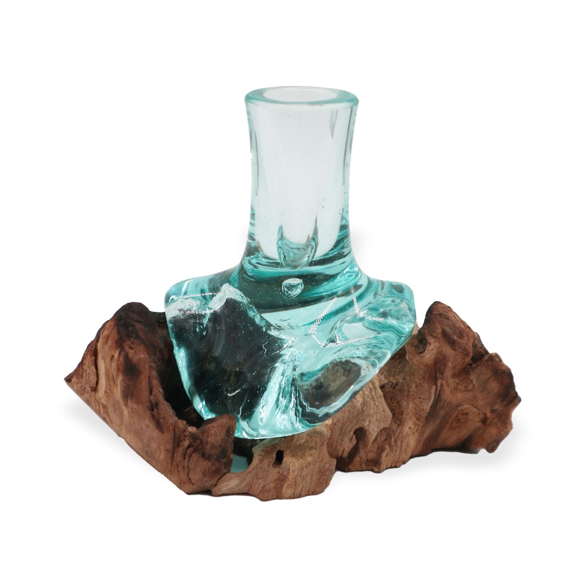 Clear glass vase on a wooden base with a white background