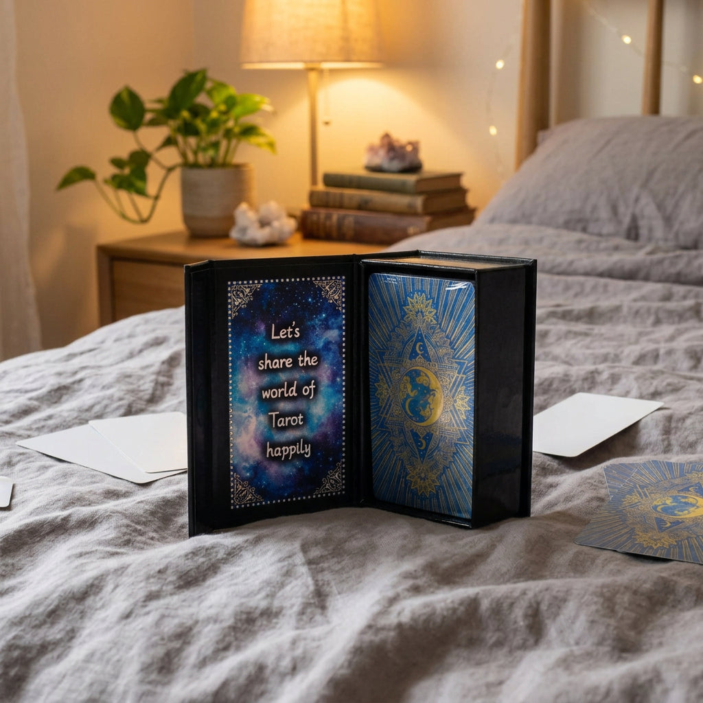 Black book with tarot card design and text on a blue fabric background