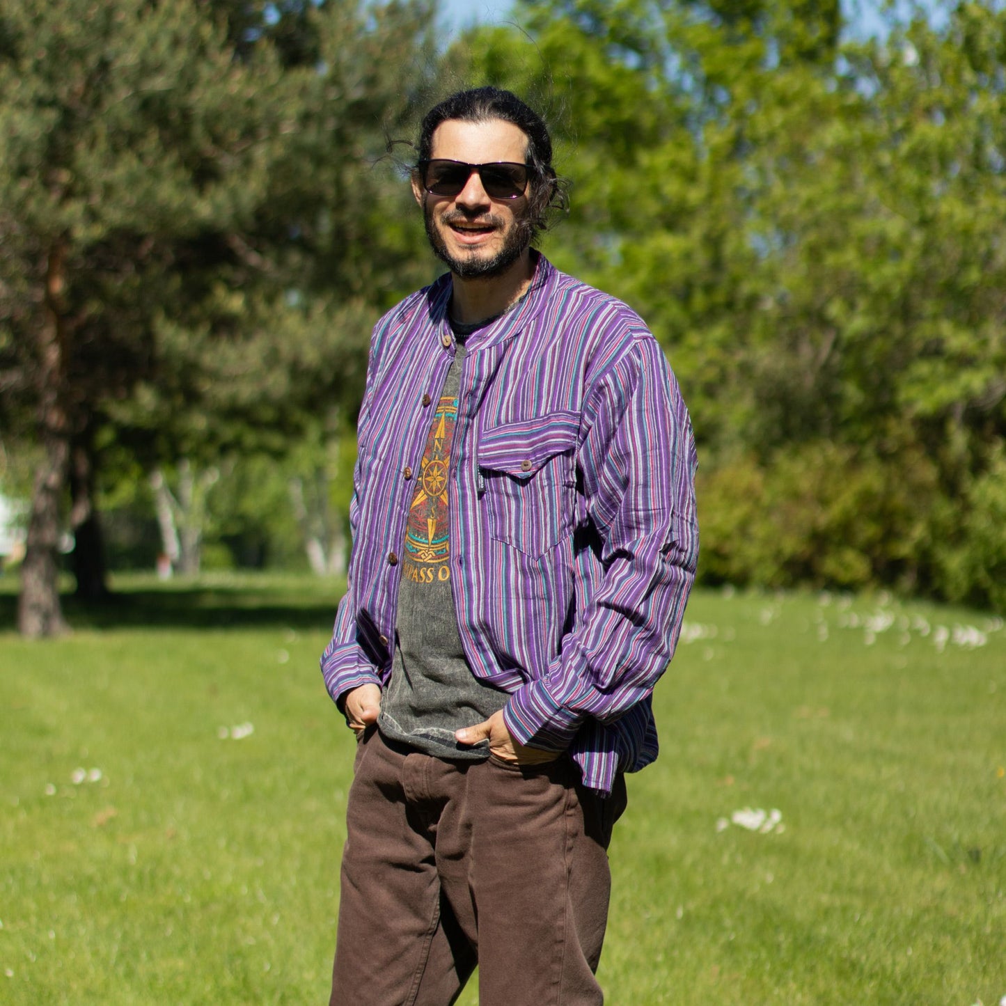 Nomad Sari Grandad Shirt - Black Purple - Medium