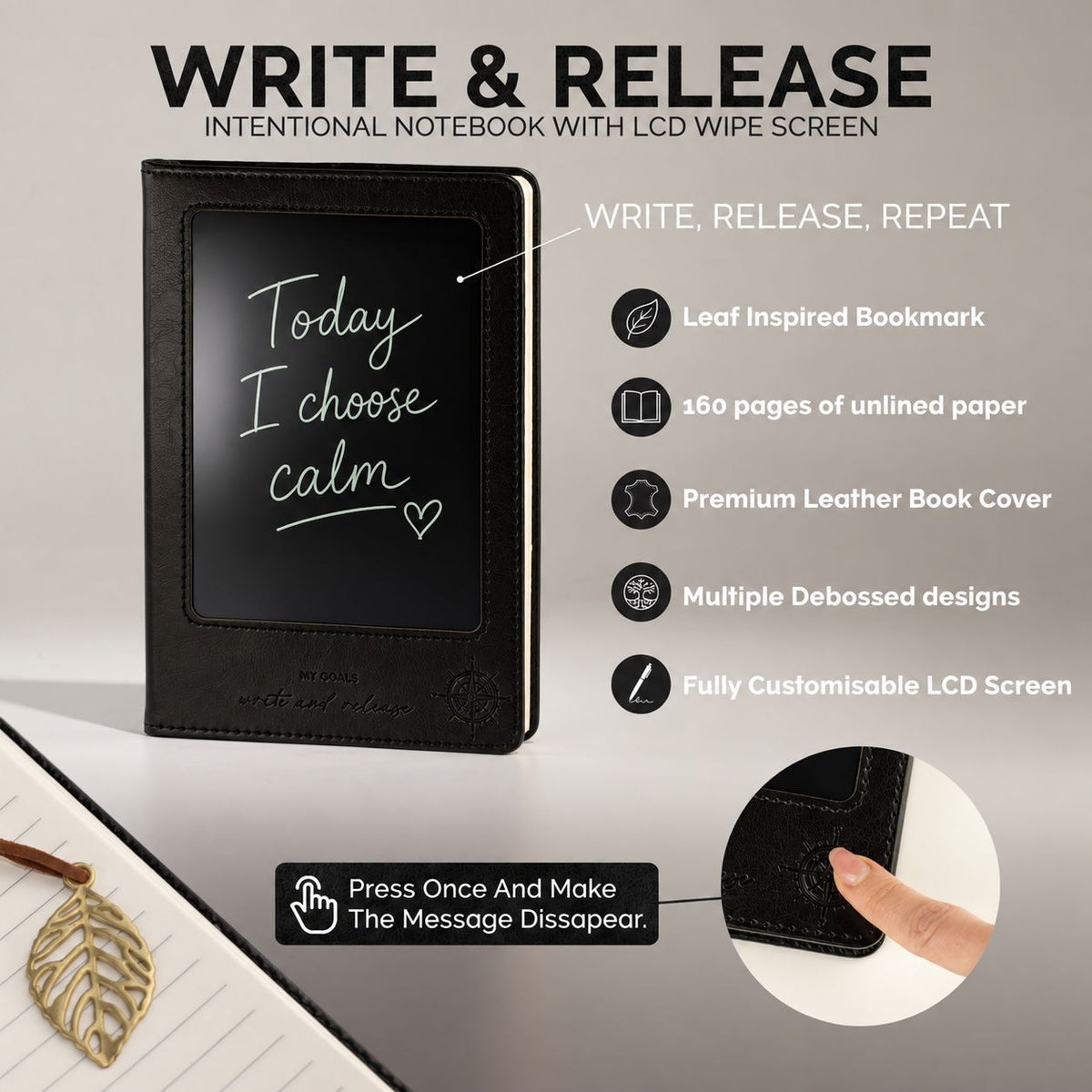 A5 Intention Note Book - LCD Wipe Screen - Black Leather Effect - 160 Pages