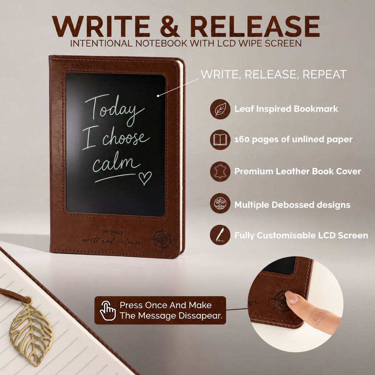 A5 Intention Note Book - LCD Wipe Screen - Brown Leather Effect - 160 Pages