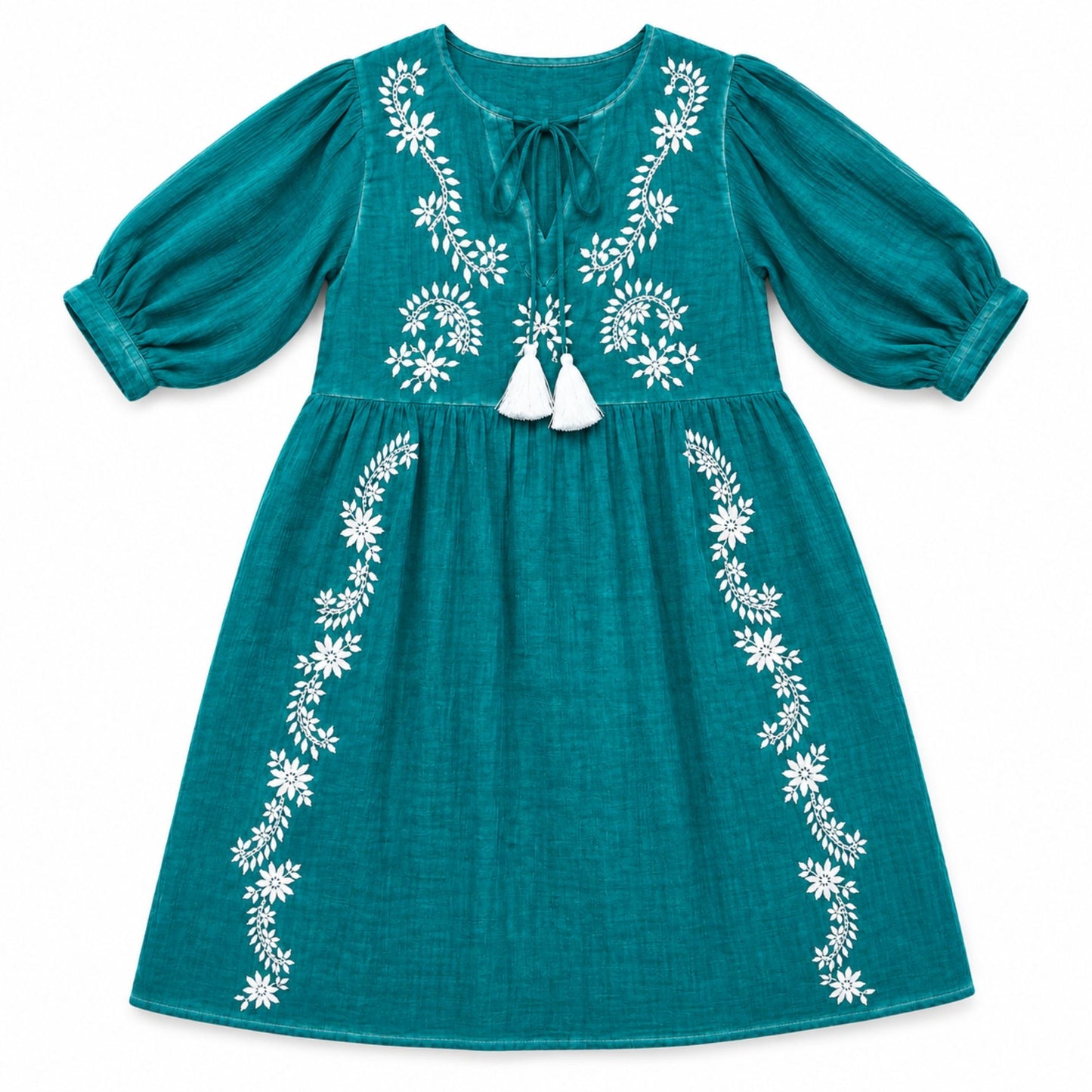 Nomad Sari On the Med Collection - Dress -  Turquoise with Embroidery & Tassel (M-L)