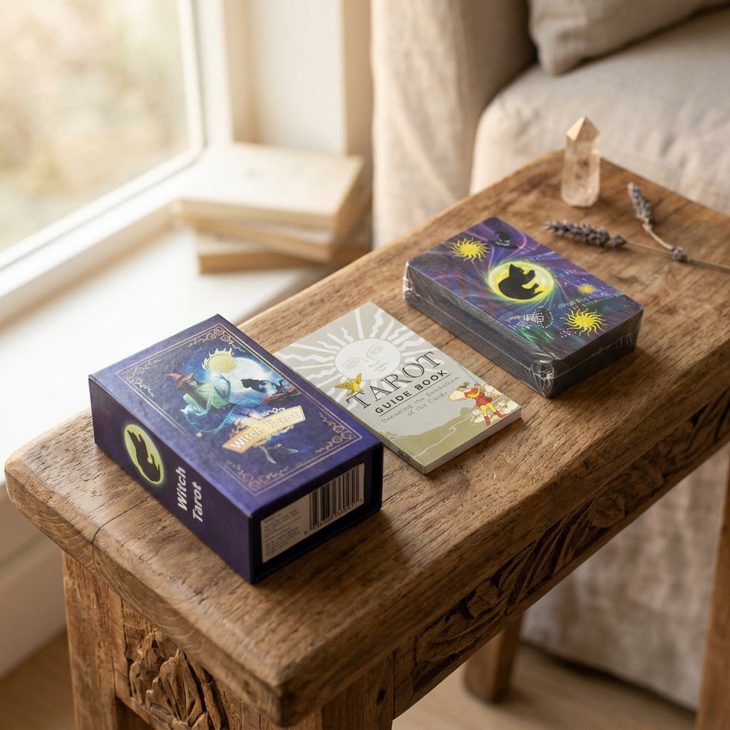 Tarot cards with packaging and guidebook on a white background