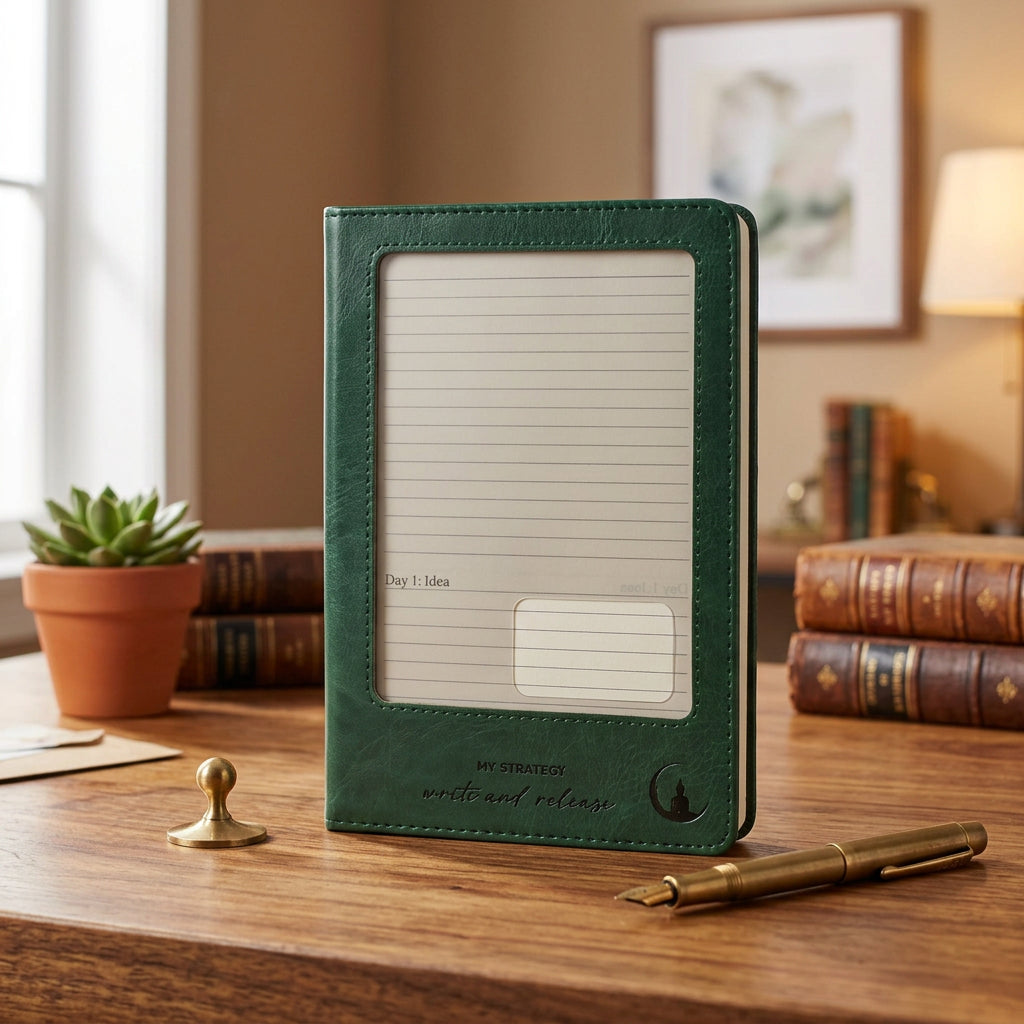 A dark green leather notebook cover with a large rectangular window on the front, featuring the text 'MY STRATEGY write and release' and a small crescent moon logo near the bottom, set against a plain white background.
