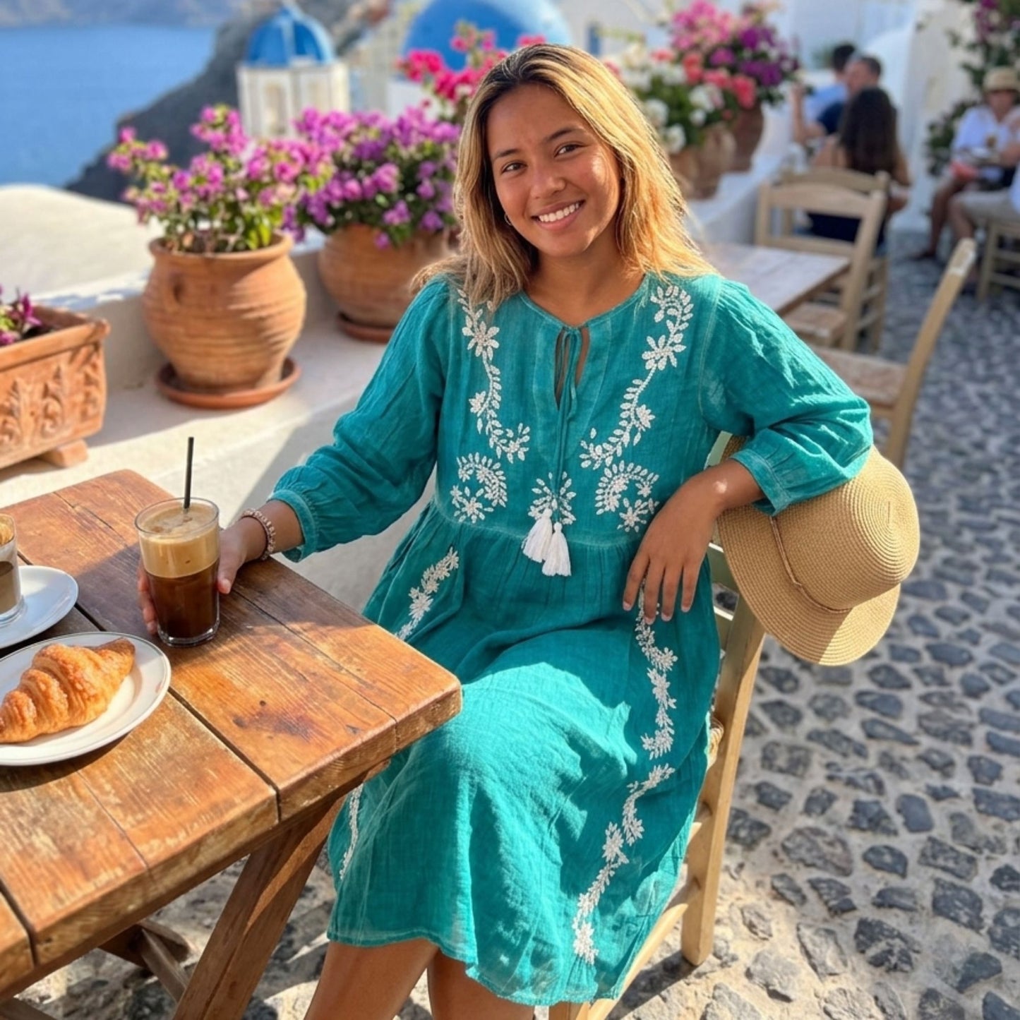 Nomad Sari On the Med Collection - Dress -  Turquoise with Embroidery & Tassel (L-XL)