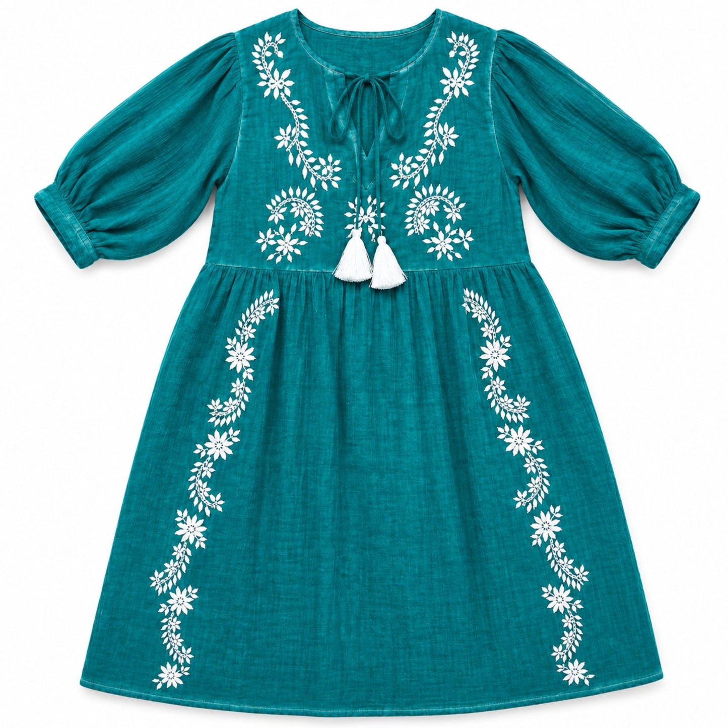 Nomad Sari On the Med Collection - Dress -  Turquoise with Embroidery & Tassel (L-XL)