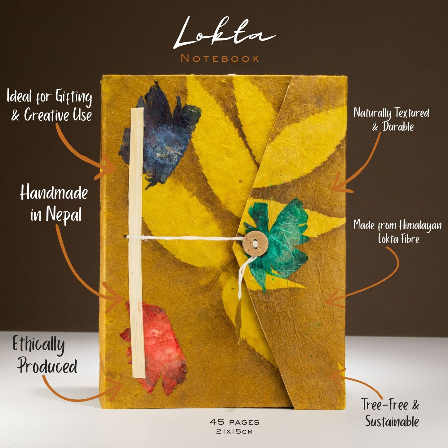 Lokta Bold Floral Notebook – Large (21x15cm) – 45 Leaves – Includes Bookmark – Mustard Brown