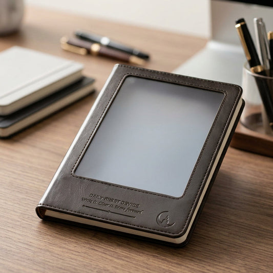 A dark brown leather Bible cover with a large clear window on the front, showing a black tablet inside. The cover features stitched edges, a small brass zipper pull, and embossed text at the bottom reading 'JAMES 1:18-19 THUS TO ALL.