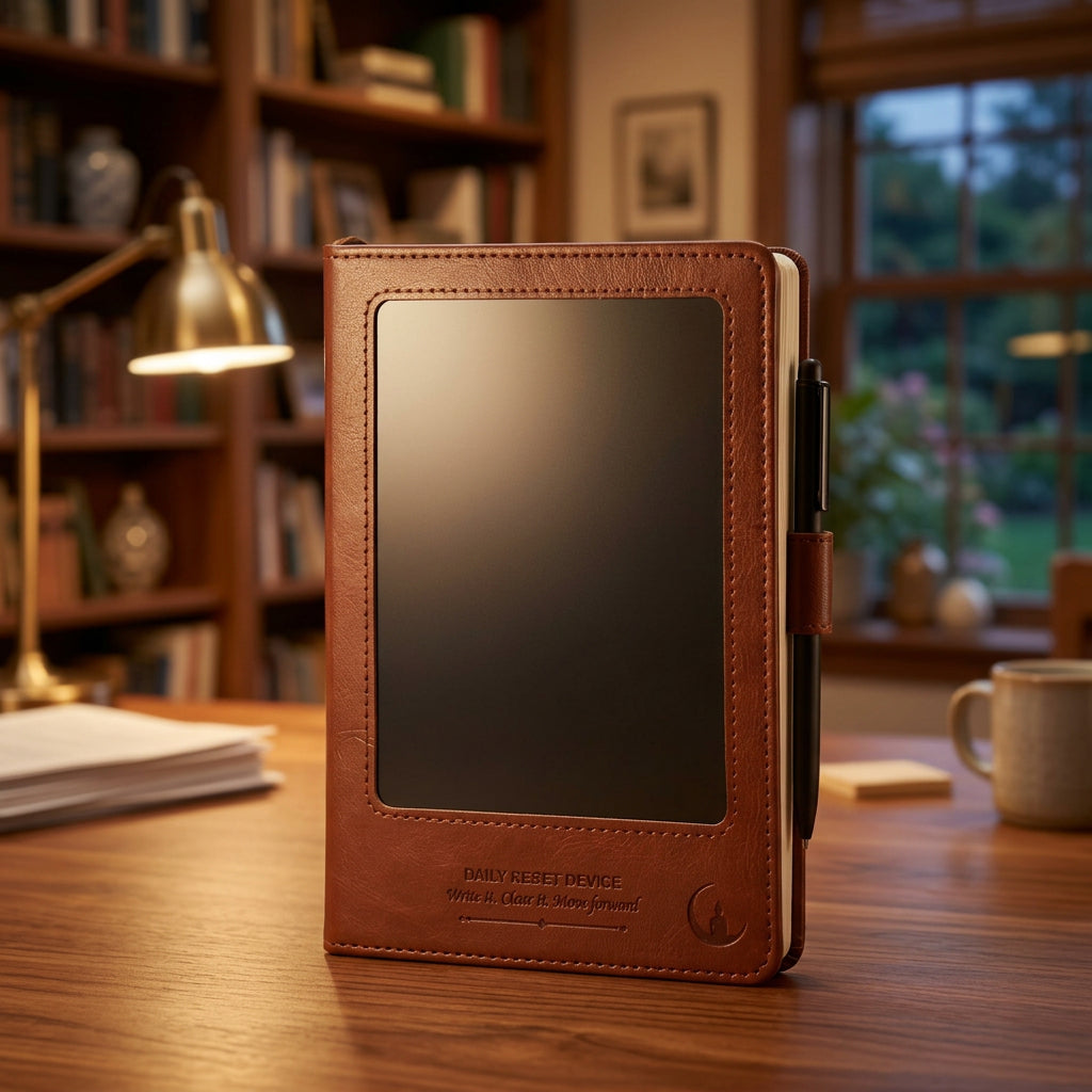 A brown leather journal or notebook cover with a large clear window on the front, showing a black tablet inside. The cover features stitched edges, a top zipper, and embossed text at the bottom reading 'DAILY RESET DEVICE Write to Clear & Move forward' alongside a small crescent moon logo.