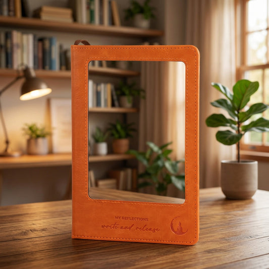 An orange leather-bound journal with a large black reflective mirror on the front cover, featuring the text 'MY REFLECTIONS written and released' and a crescent moon logo on the bottom.