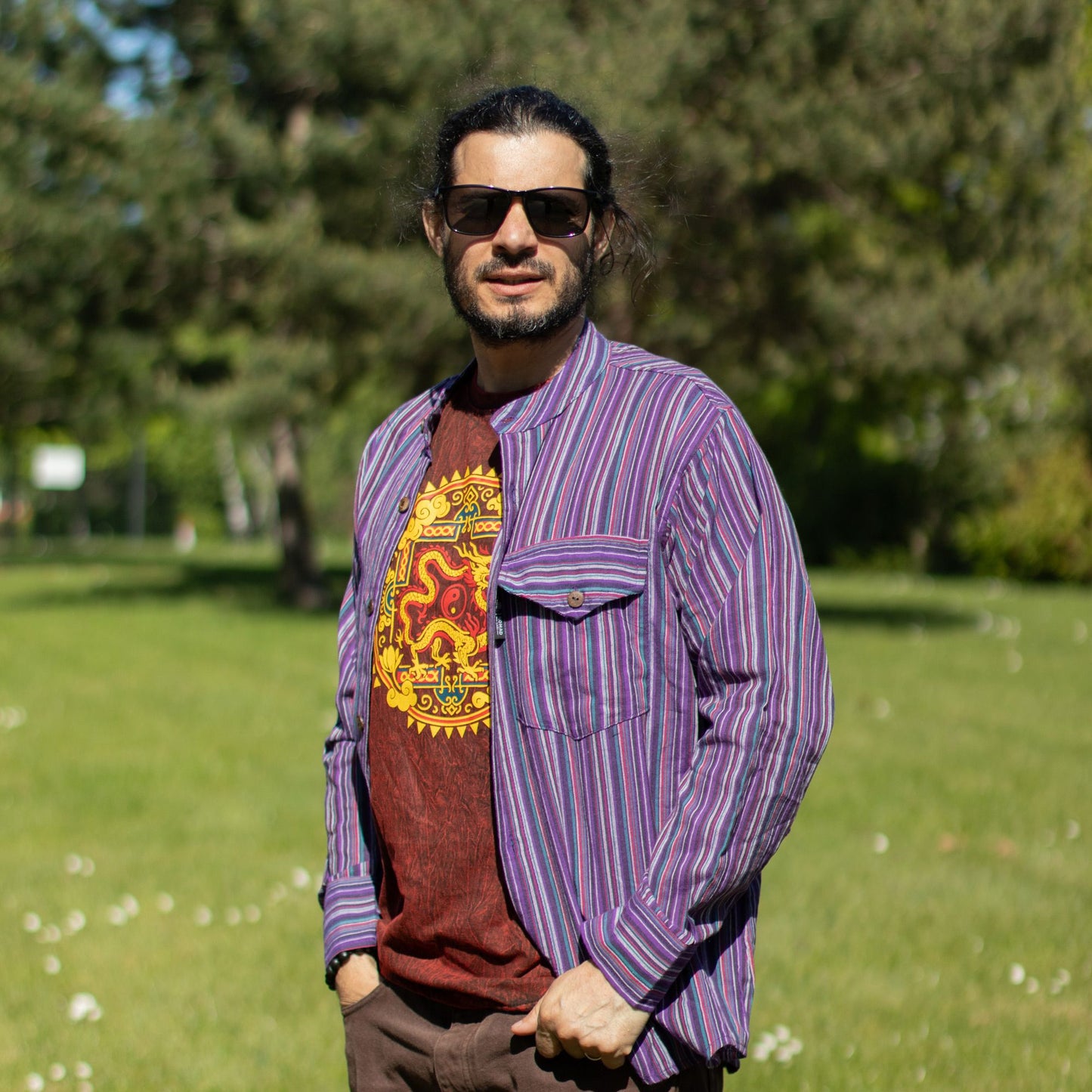 Nomad Sari Grandad Shirt - Black Purple - Medium