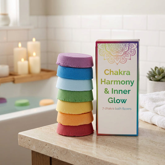 Stack of rainbow-colored bath fizzers with a box labeled 'Chakra Harmony & Inner Glow' on a white background.