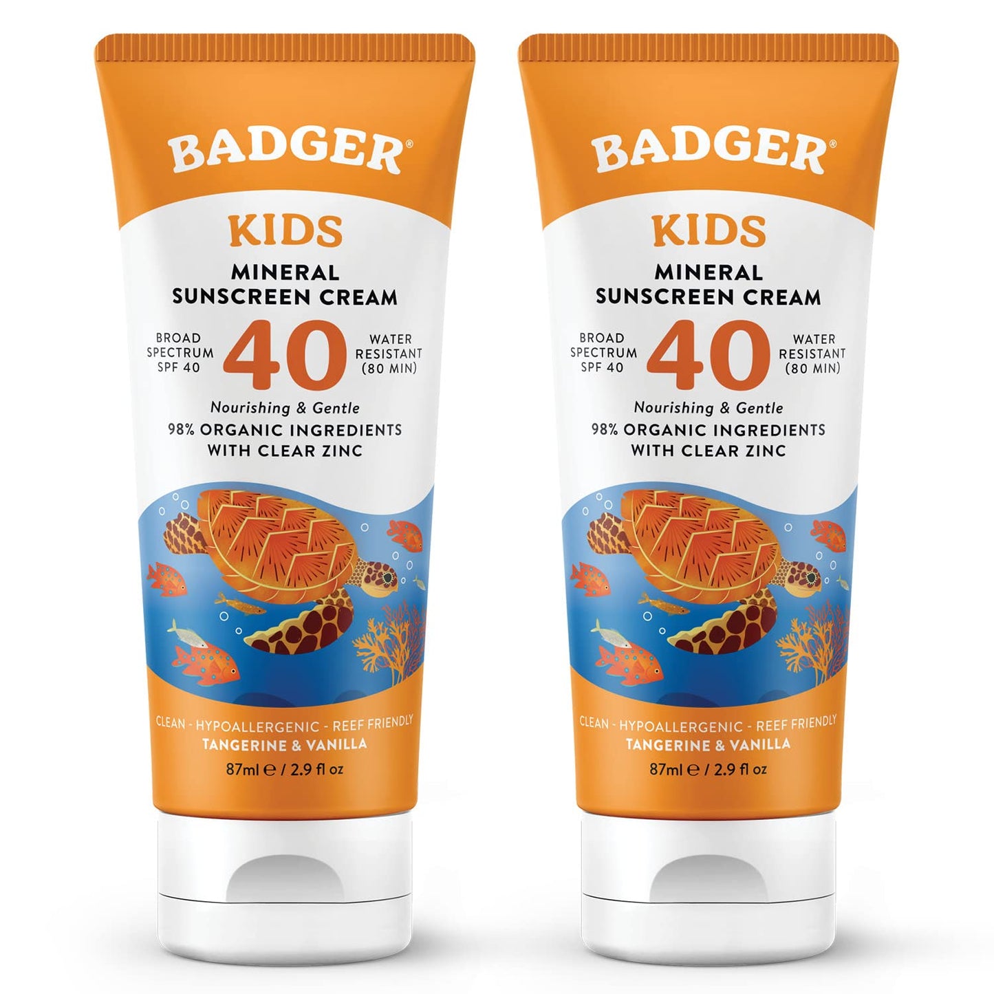 Badger Kids Mineral Sunscreen Cream SPF 40 — 98% Organic, Reef Safe, Hawaii Approved (2-Pack)