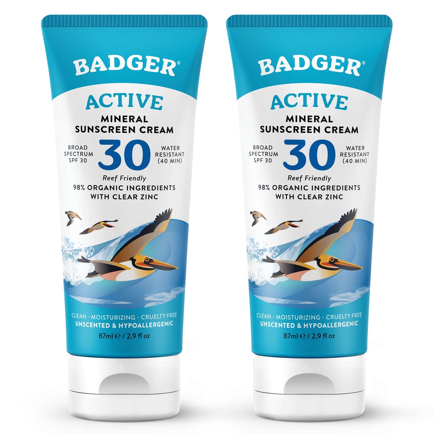 Badger Mineral Sunscreen Cream SPF 30 – 98% Organic, Reef Safe, Travel Size 2-Pack