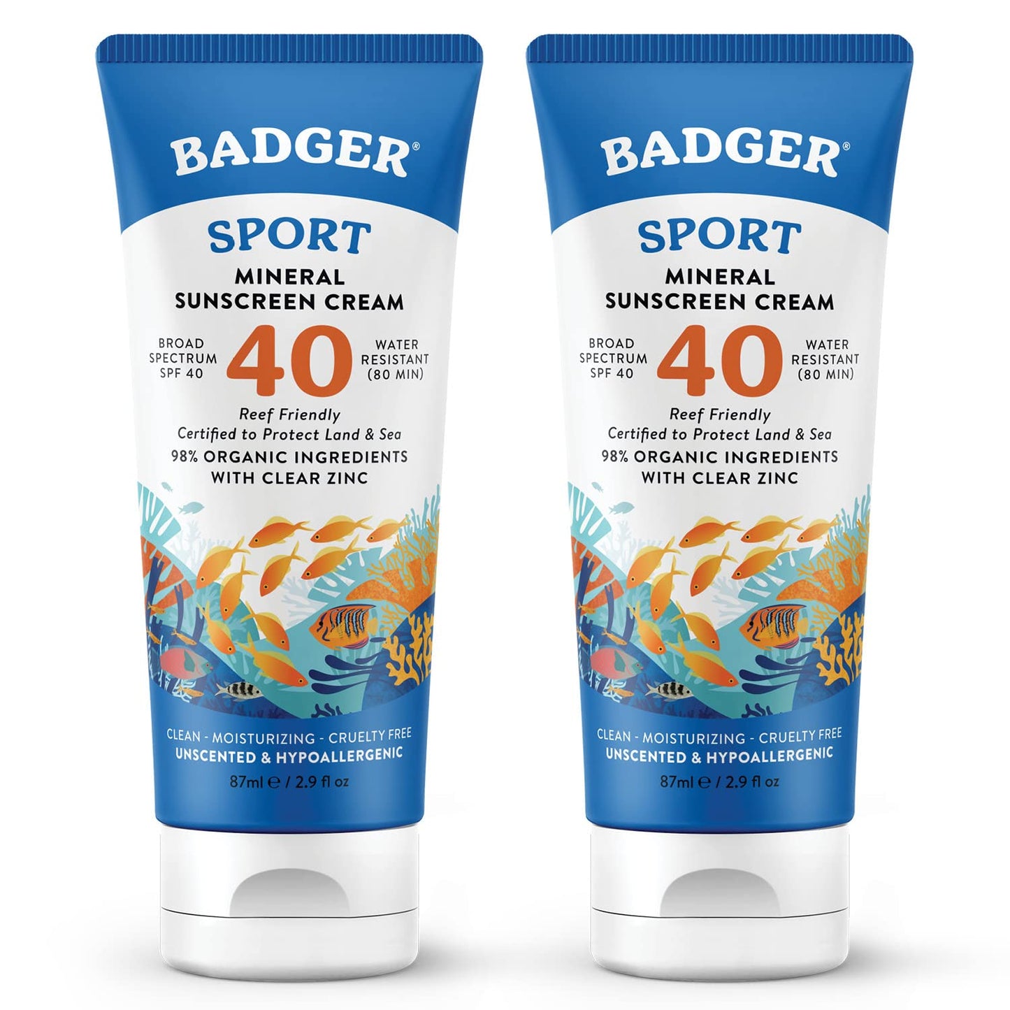 Badger Reef Safe Sport Mineral Sunscreen SPF 40 – Unscented, 2-Pack, 98% Organic, Reef-Approved for Hawaii & Mexico