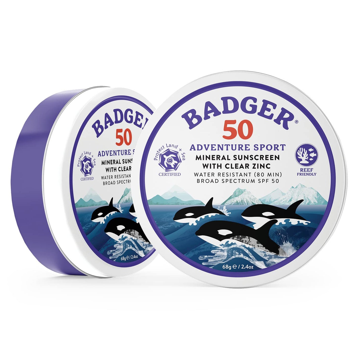 Badger SPF 50 Mineral Sunscreen — Biodegradable Reef Safe, Unscented, Water Resistant, Travel Tin (2-Pack)