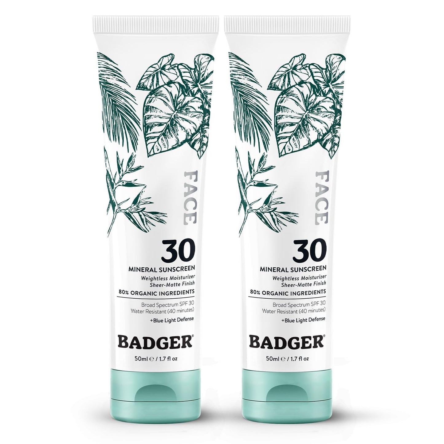 Badger Zinc Oxide Face Sunscreen SPF 30 – Lightweight, Unscented, Matte Finish (2-Pack)