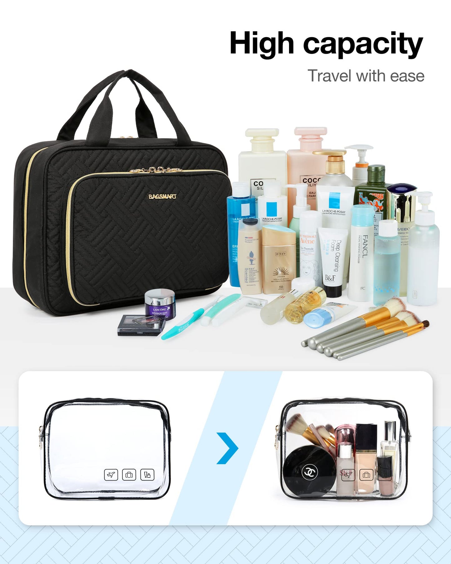 BagSmart Hanging Toiletry Bag & TSA-Approved Transparent Cosmetic Bag | Large Travel Organizer (Black)