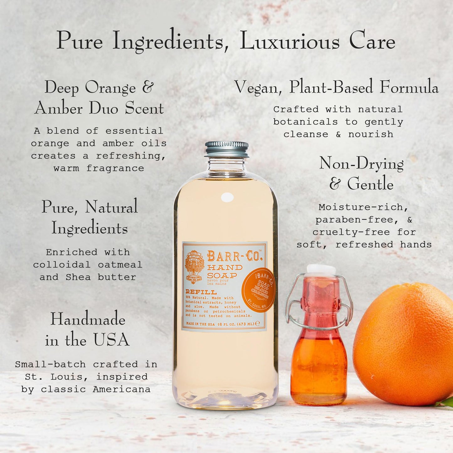 BARR-CO Hand Soap Refill – Natural Liquid Soap with Blood Orange & Amber, 16 fl oz