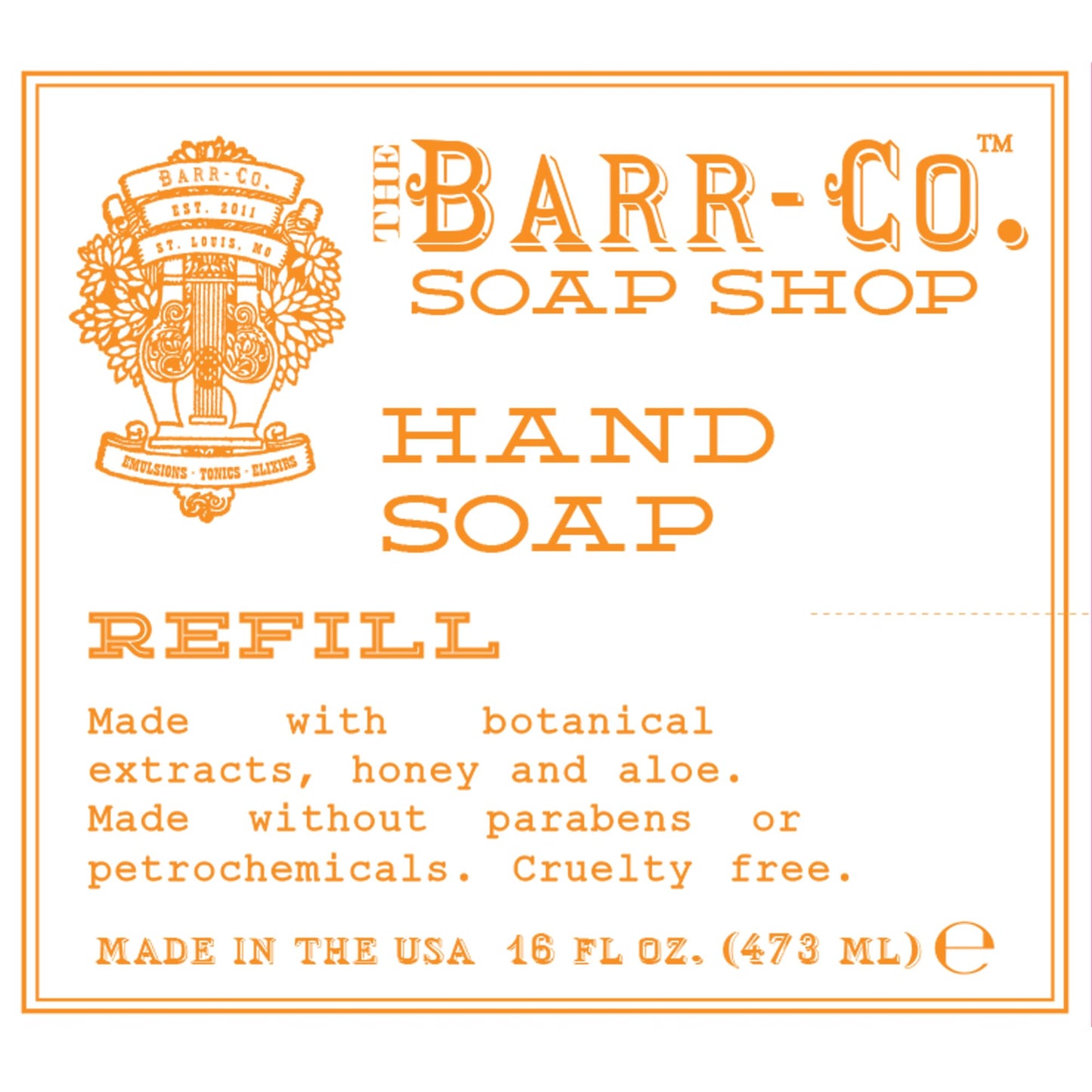 BARR-CO Hand Soap Refill – Natural Liquid Soap with Blood Orange & Amber, 16 fl oz