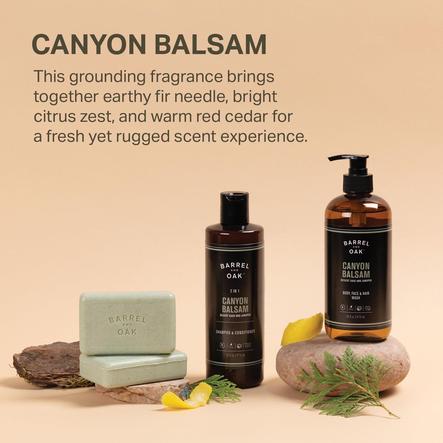 Barrel & Oak Canyon Balsam Grooming Set – All-in-One Body Wash, 2-in-1 Shampoo & Exfoliating Bar (3-Piece) | Vegan, USA-Made