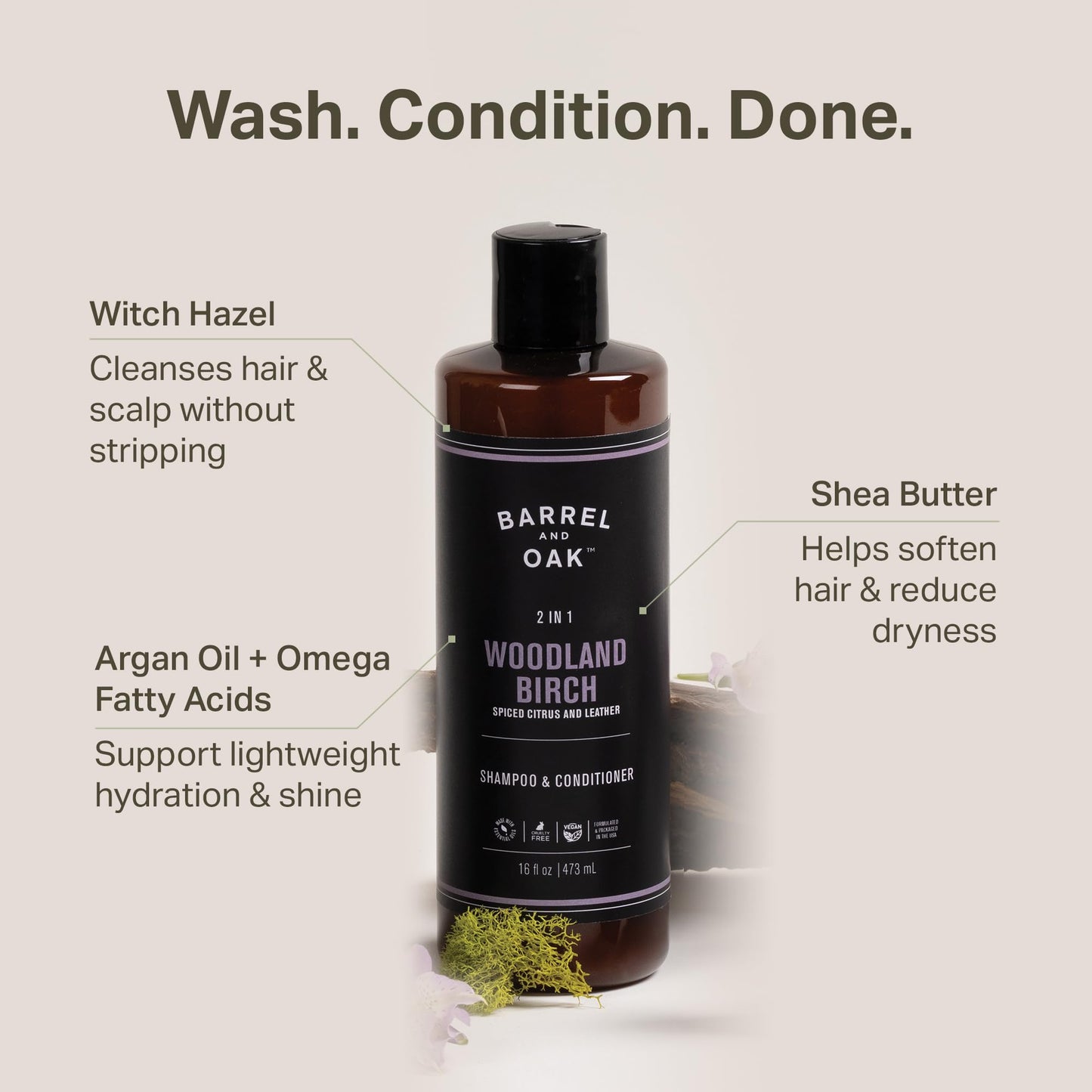 Barrel & Oak Woodland Birch 3-Piece Men’s Grooming Set | All-in-One Body Wash, 2‑in‑1 Shampoo & Conditioner, Exfoliating Bar