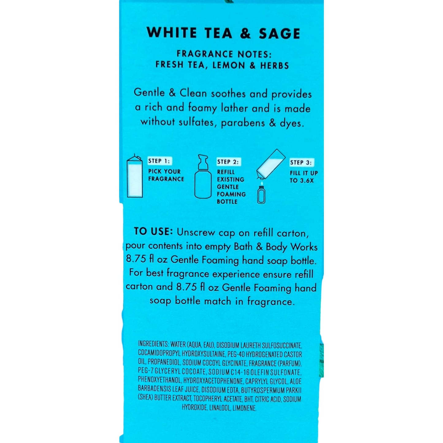 Bath & Body Works White Tea & Sage Refill Gentle & Clean Foaming Hand Soap – 32 fl oz, Blue