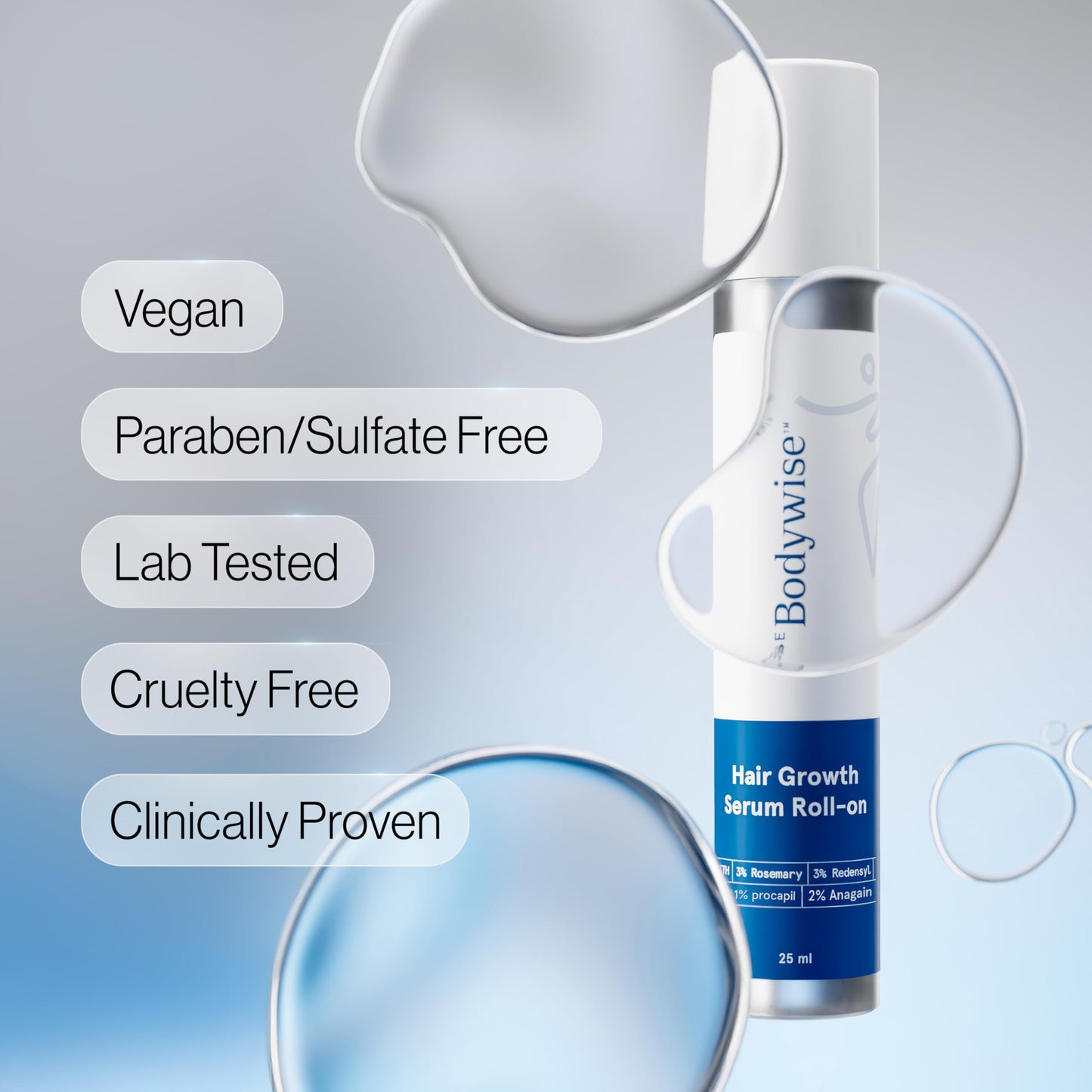 Be Bodywise Rosemary Hair Growth Serum Roll-On 25 ml | 3% Rosemary, 3% Redensyl & 2% Anagain | Paraben/Sulfate-Free