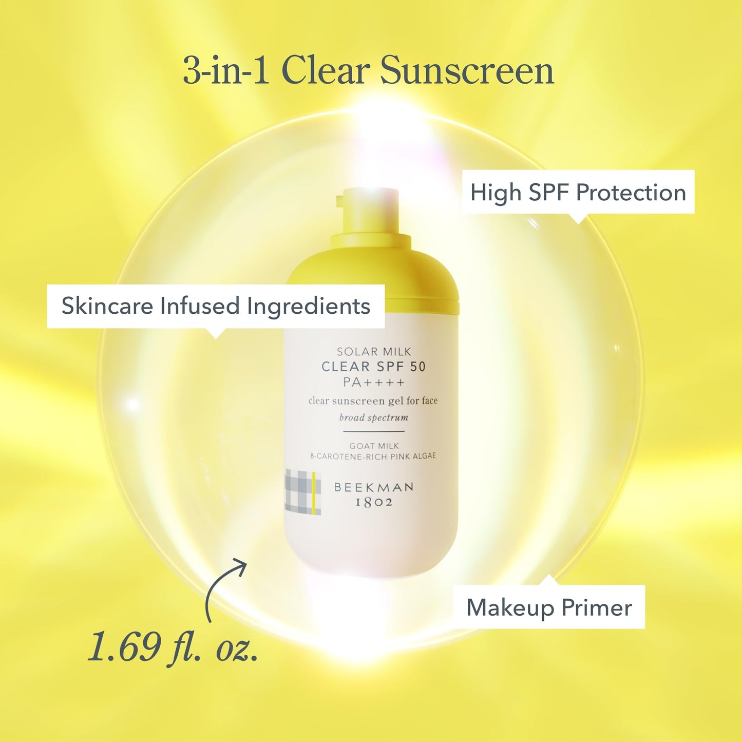 Beekman 1802 Solar Milk SPF 50 3-in-1 Face Sunscreen – Lightweight Gel, Goat Milk, Makeup Primer
