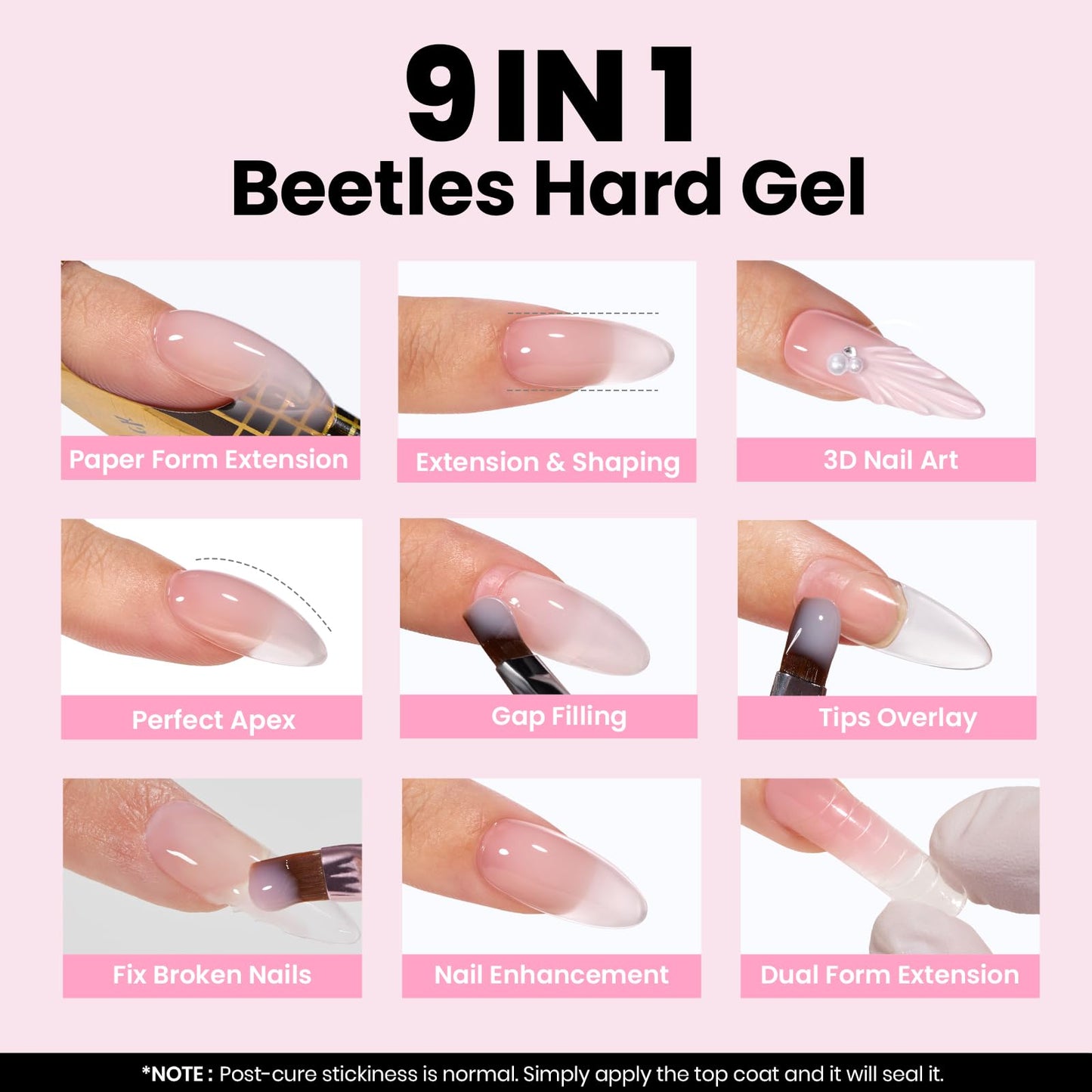 Beetles Hard Gel Kit – 3 Colors 9-in-1 Builder Gel for Salon Nails (Nude, Pink, Clear) UV/LED Cure