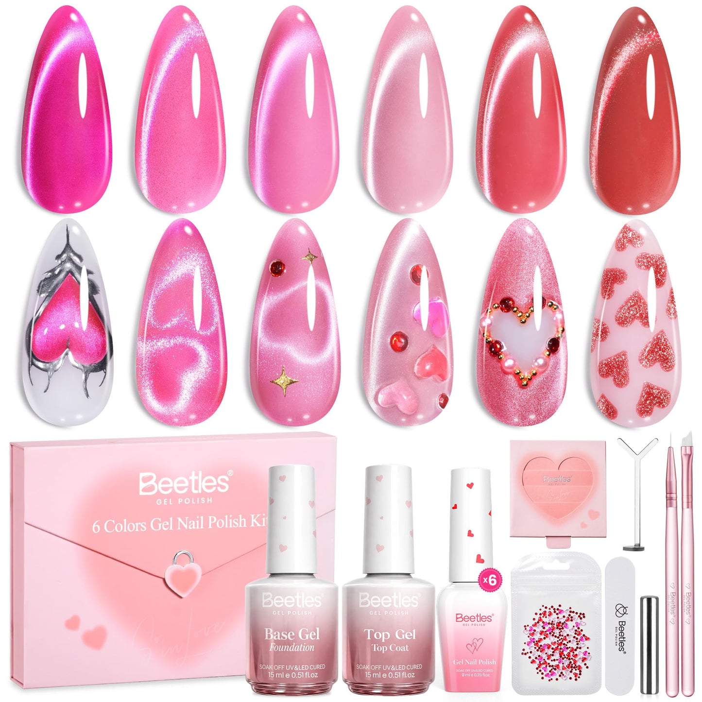 Beetles Love Signal Pink Cat Eye Gel Polish Kit – 6 Romantic Shades with Magnetic Heart Tool