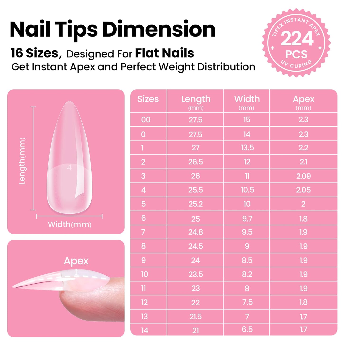 Beetles Tipex Instant Apex Nail Tips Kit – Stiletto Medium, 224 PCS, Pre-Built Tips + Glue & UV Lamp